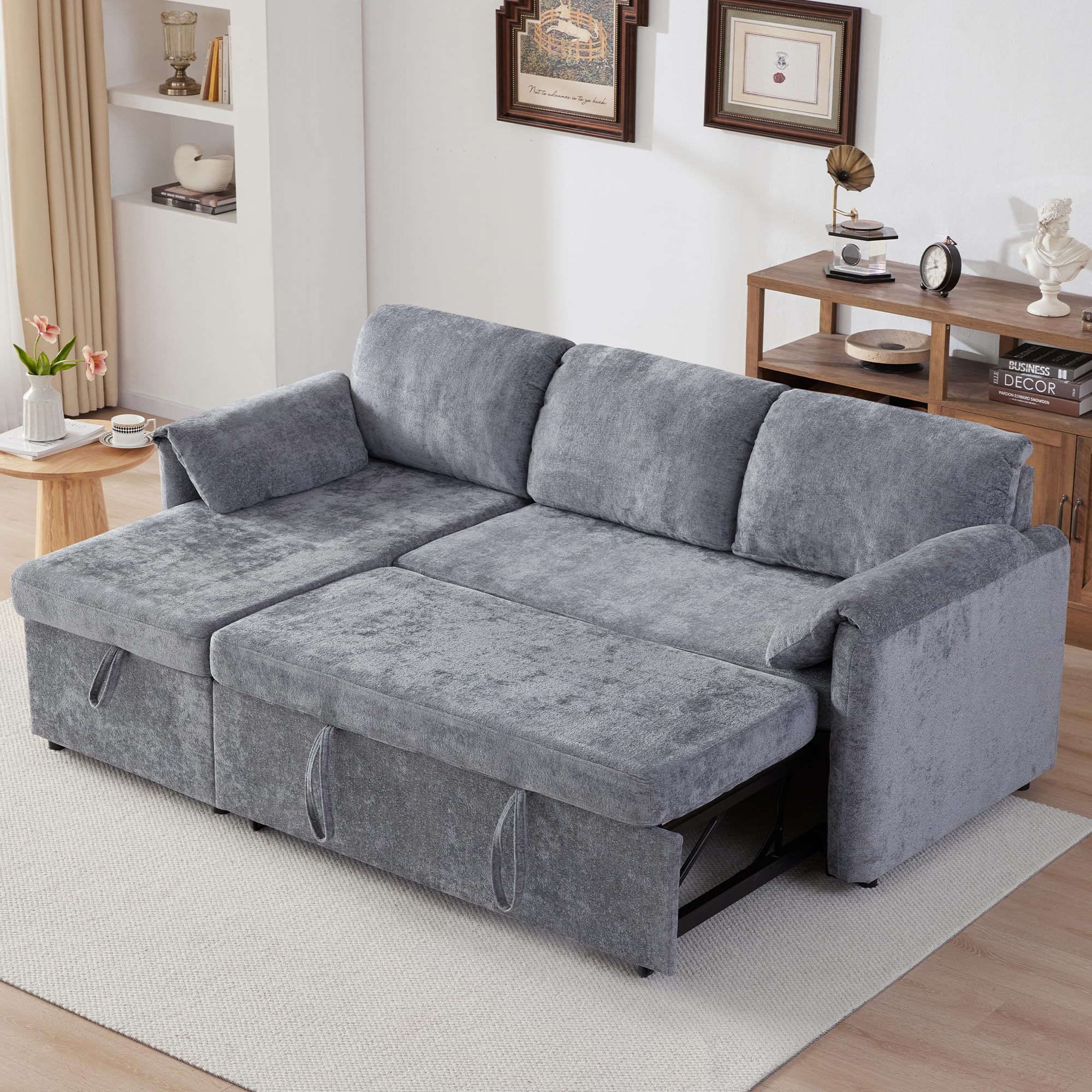 Tbfit Sleeper Sofa Couch with Pullout Bed, Sofa Bed Couch with USB & Storage Chaise, Chenille Convertible Sleeper Sofa, 83'' Pull Out Sofas Couches for Small Space, Apartment, Light Gray