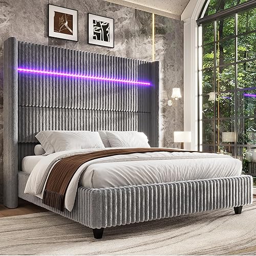 Jocisland 60" Tall Queen Bed Frame with LED Lights, Faux-Fur Upholstered Platform Bed Frame with Wingback Headboard and Charging Station/No Box Spring Needed/Grey