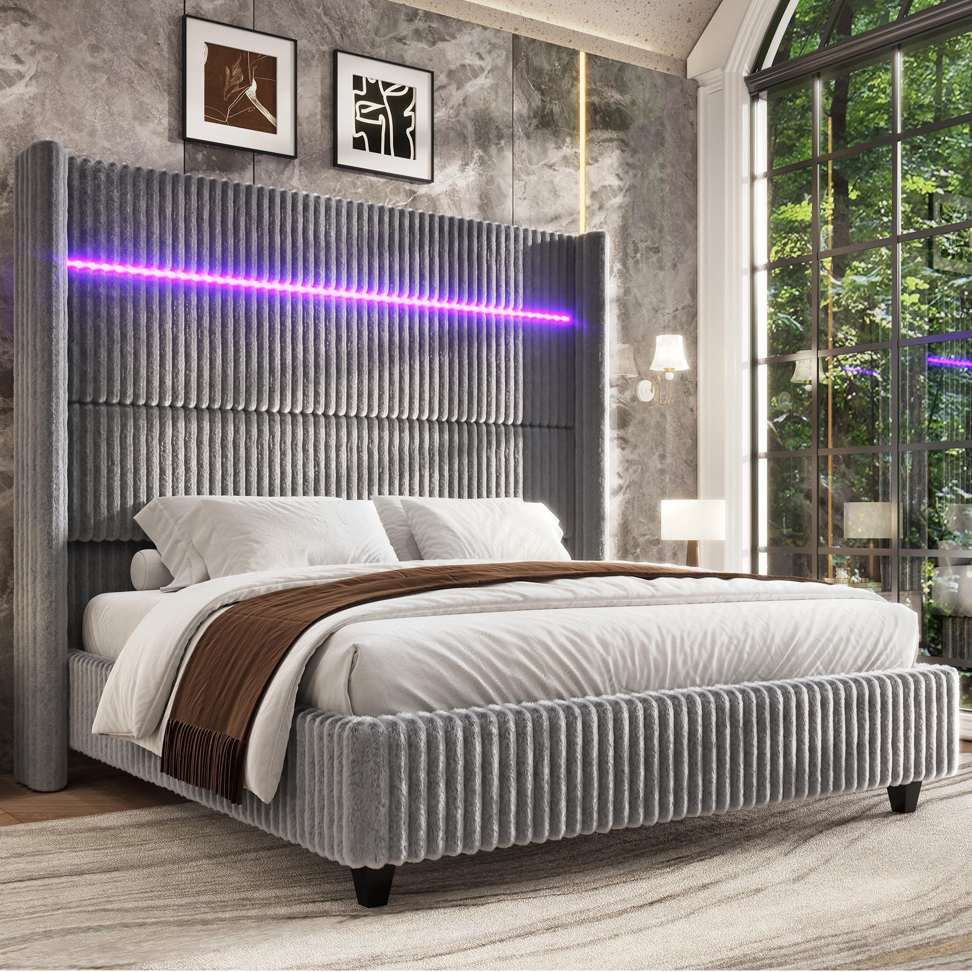 Jocisland 60" Tall Queen Bed Frame with LED Lights, Faux-Fur Upholstered Platform Bed Frame with Wingback Headboard and Charging Station/No Box Spring Needed/Grey