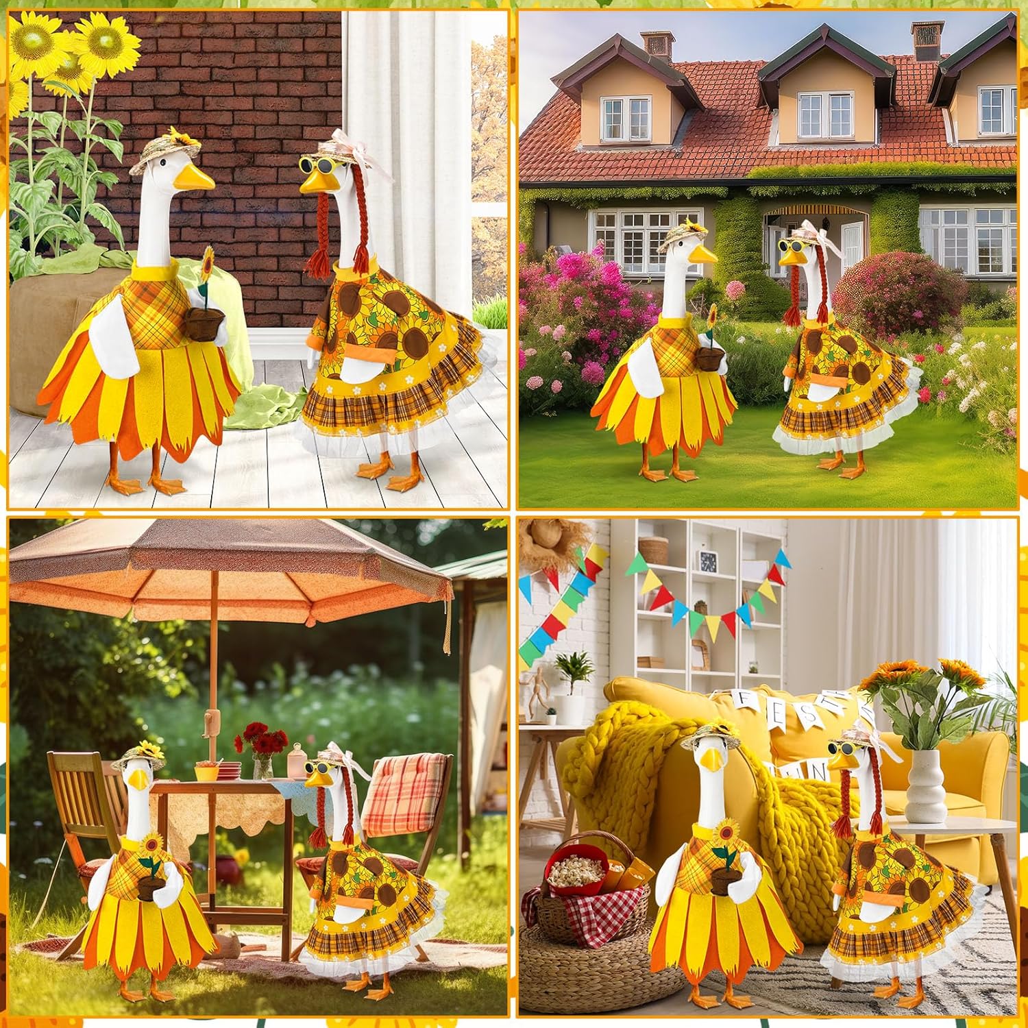 Abbylike 2 Sets Sunflower Porch Goose Outfits Spring Yard Goose Duck Clothes Costume with Straw Hat Fits Large 23'' Cement for Spring Garden Patio Lawn Summer Statue Pathway Art Decorations