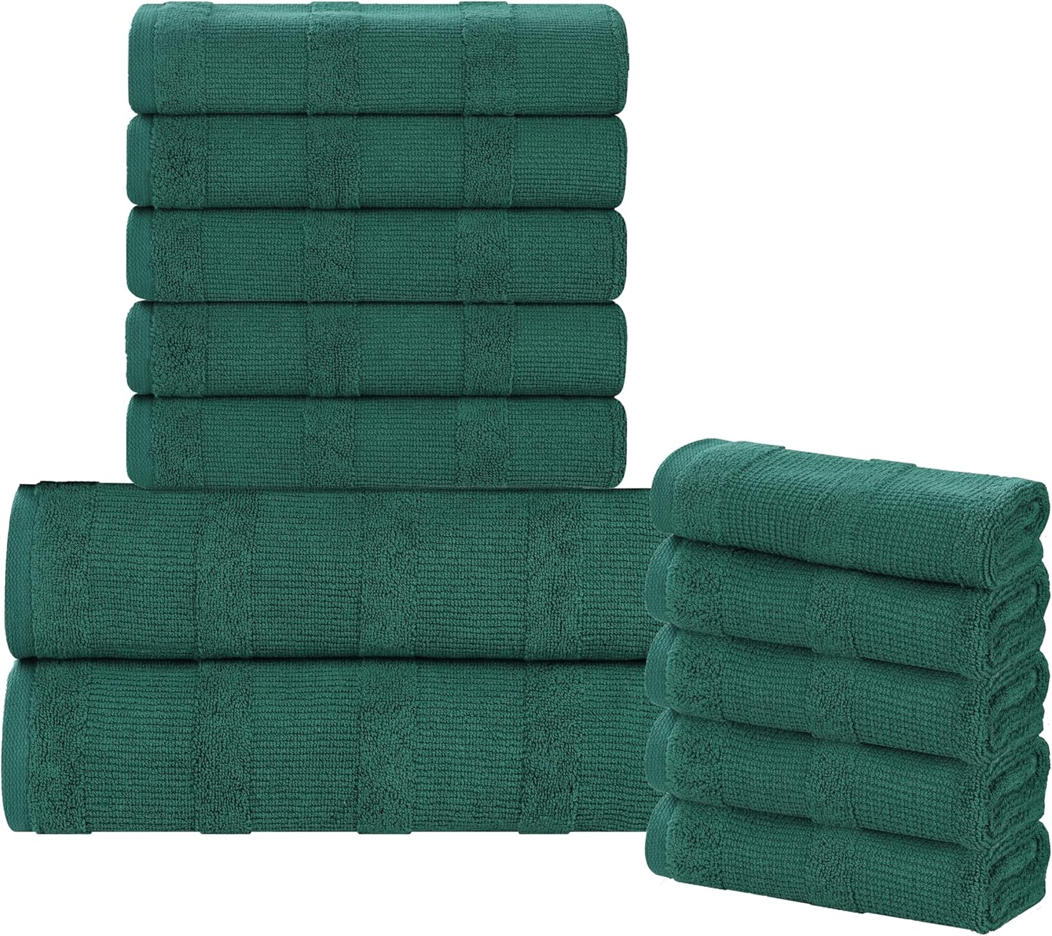 Superior Roma Cotton 12 Piece Assorted Towel Set, Highly Absorbent, Ribbed, Quick-Dry, Shower, Spa Basics, Home Essentials, Solid, Includes; 2 Bath Towels, 5 Hand Towels, 5 Face Towels, Evergreen