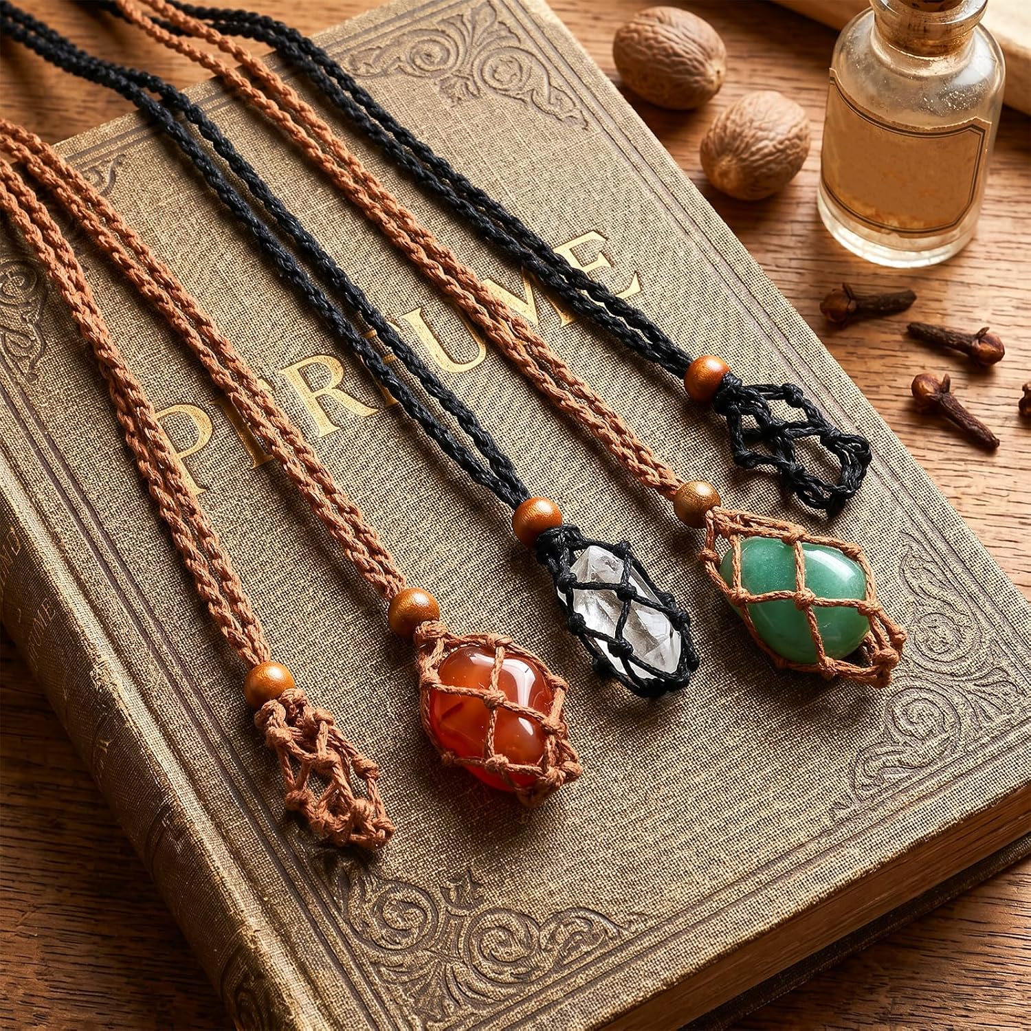 Adjustable Necklace Cord 6 Pcs, Empty Stone Holder Crystal Cage, Braided Rope Necklace for Crystals Gemstones DIY Jewelry Making, Black Brown