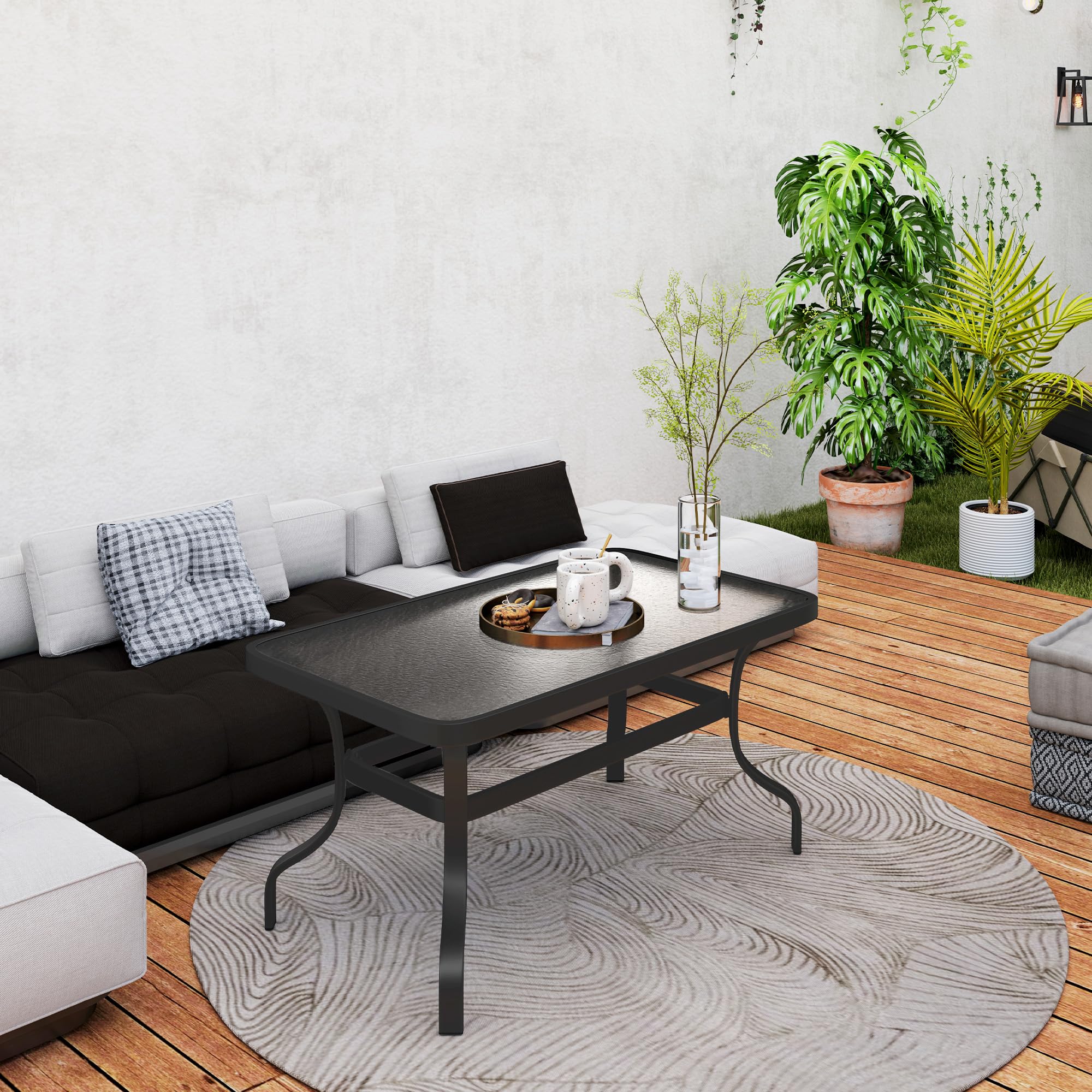 Outsunny Table Basse de Jardin Rectangulaire Verre Trempé Ondulations 95x55x46 cm Noir