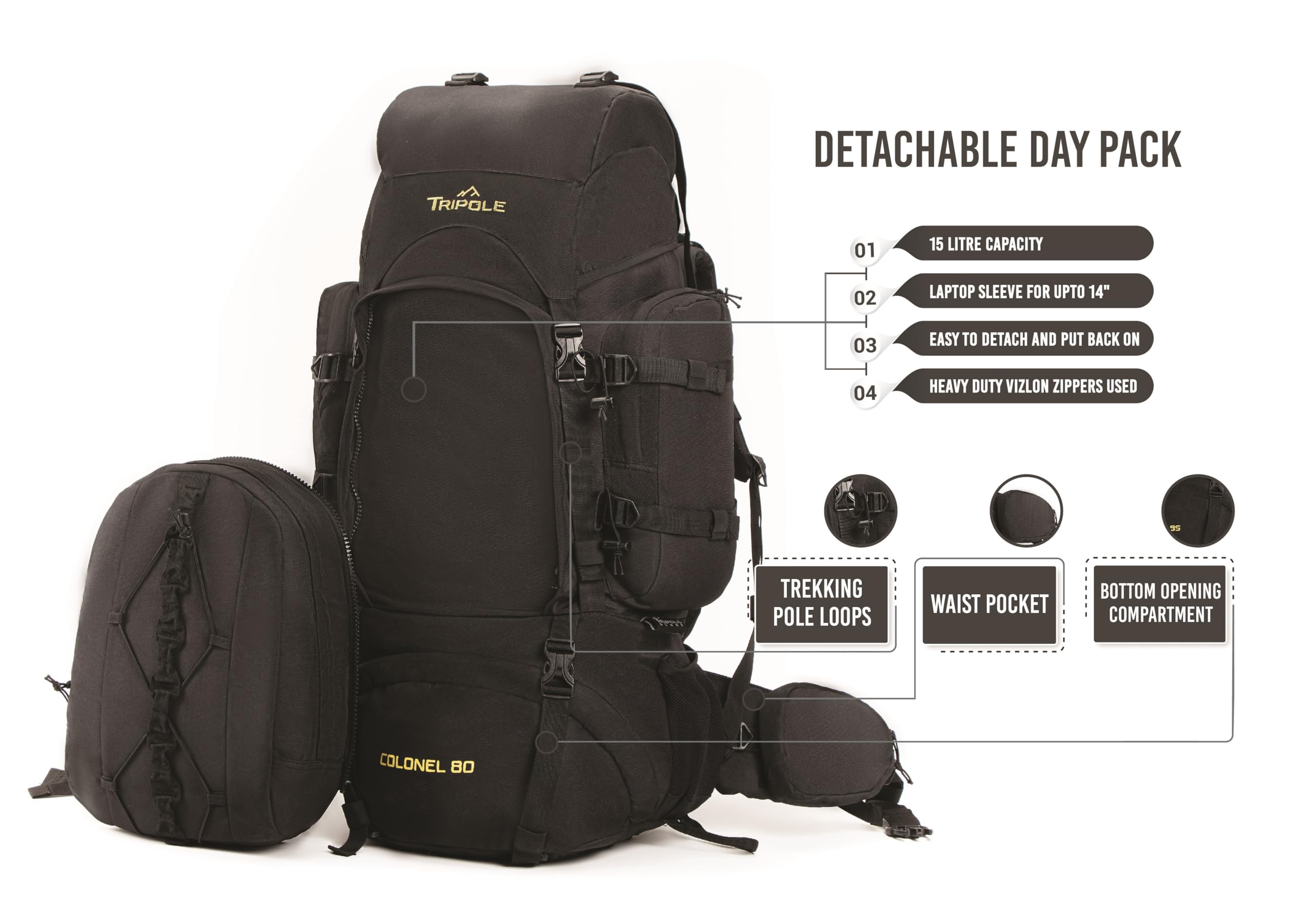 Tripole Colonel 80 Litres Internal Frame Trekking and Hiking Rucksack + Detachable Day Pack, Rain Cover, Black