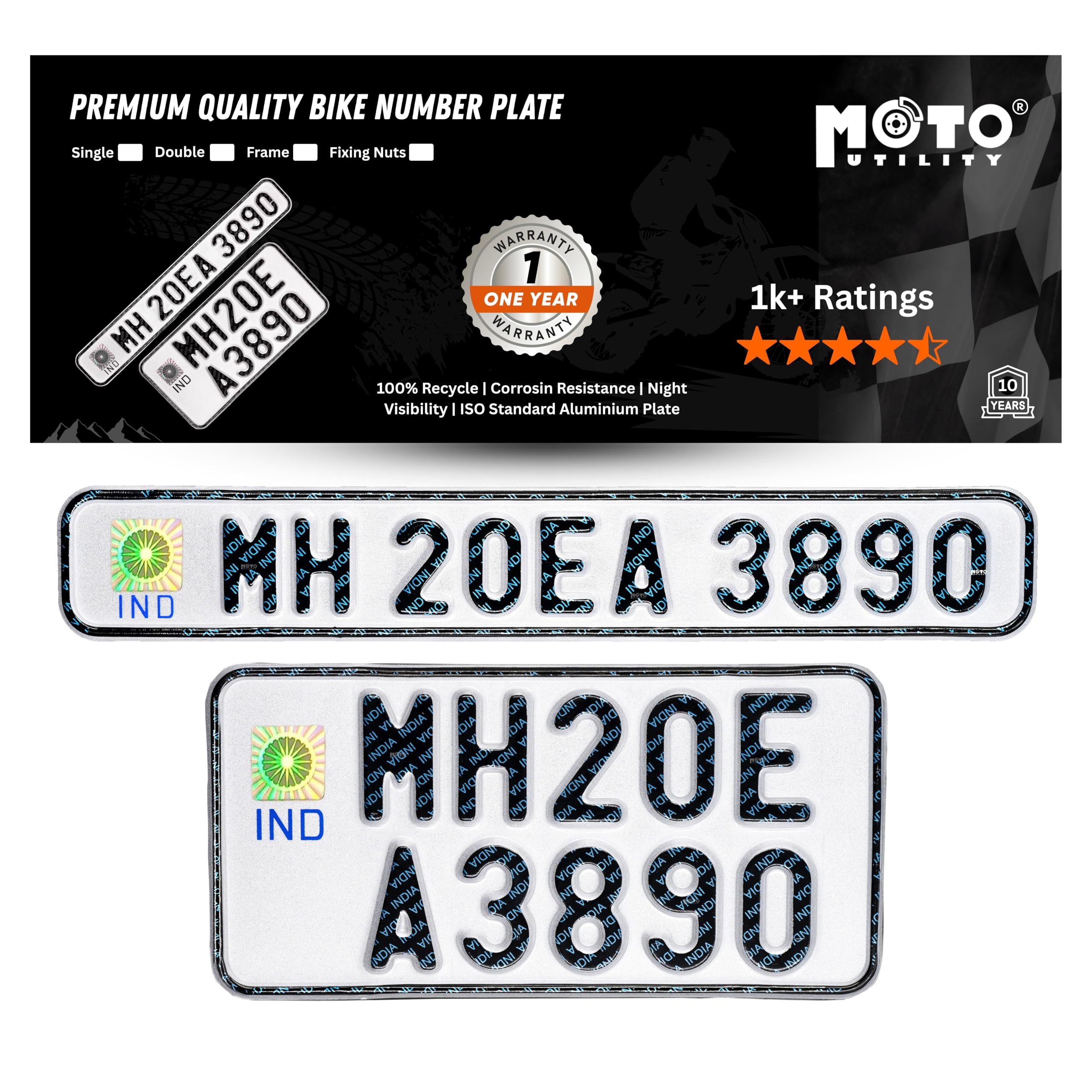 Moto Utility® Bike Number Plate | Aluminium Die Pressed Plate, Bike No. Plate, | Ind Number Plate for Bike | Not-HSRP, No Bar Code Serial Number | Front 11x2 & Rear 8x4 Inches | Color White.