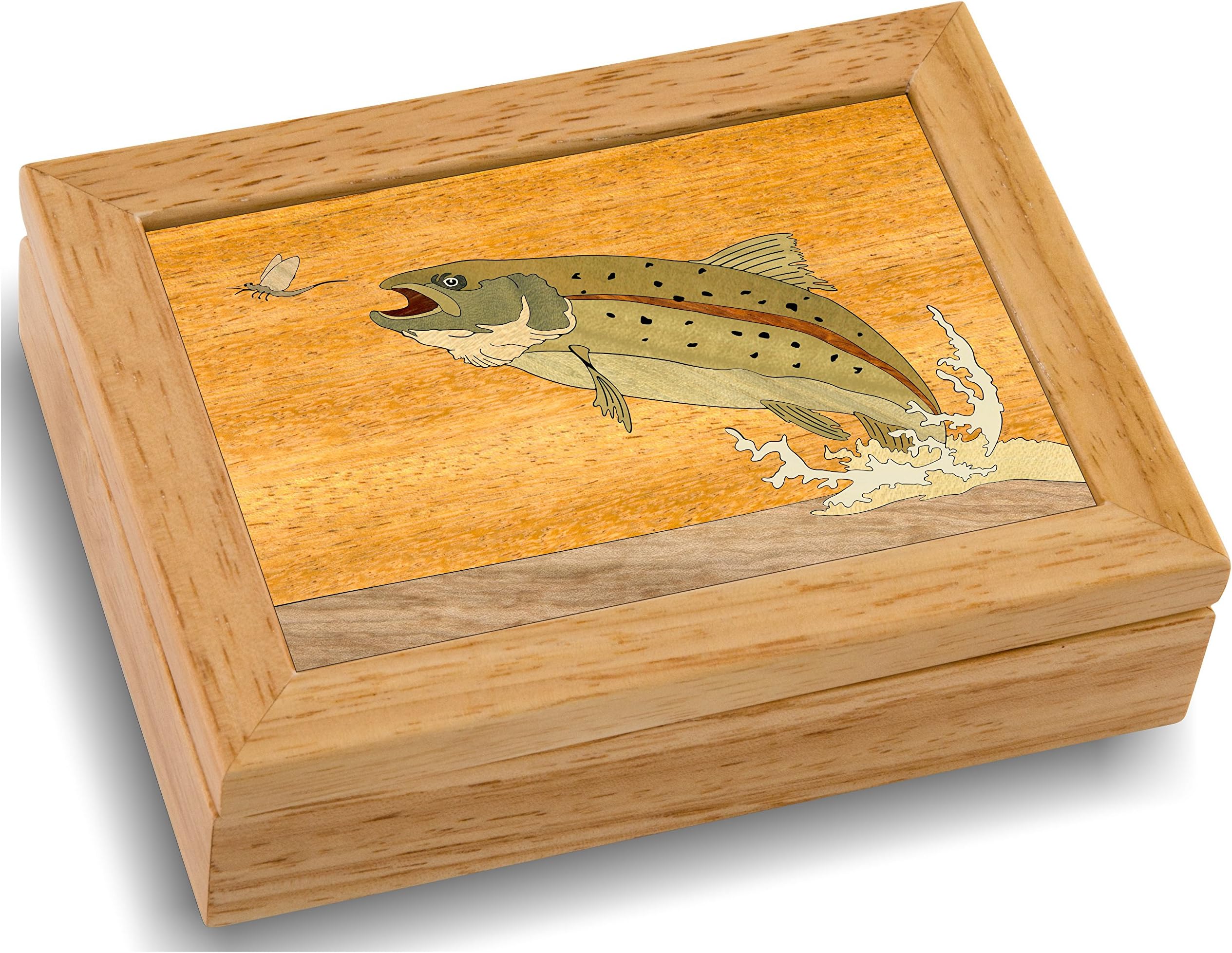 Wood Art Trout Box - Handmade USA - Unmatched Quality - Unique, No Two are the Same - Original Work of Wood Art (#4123 Trout and Mayfly 4x5x1.5)