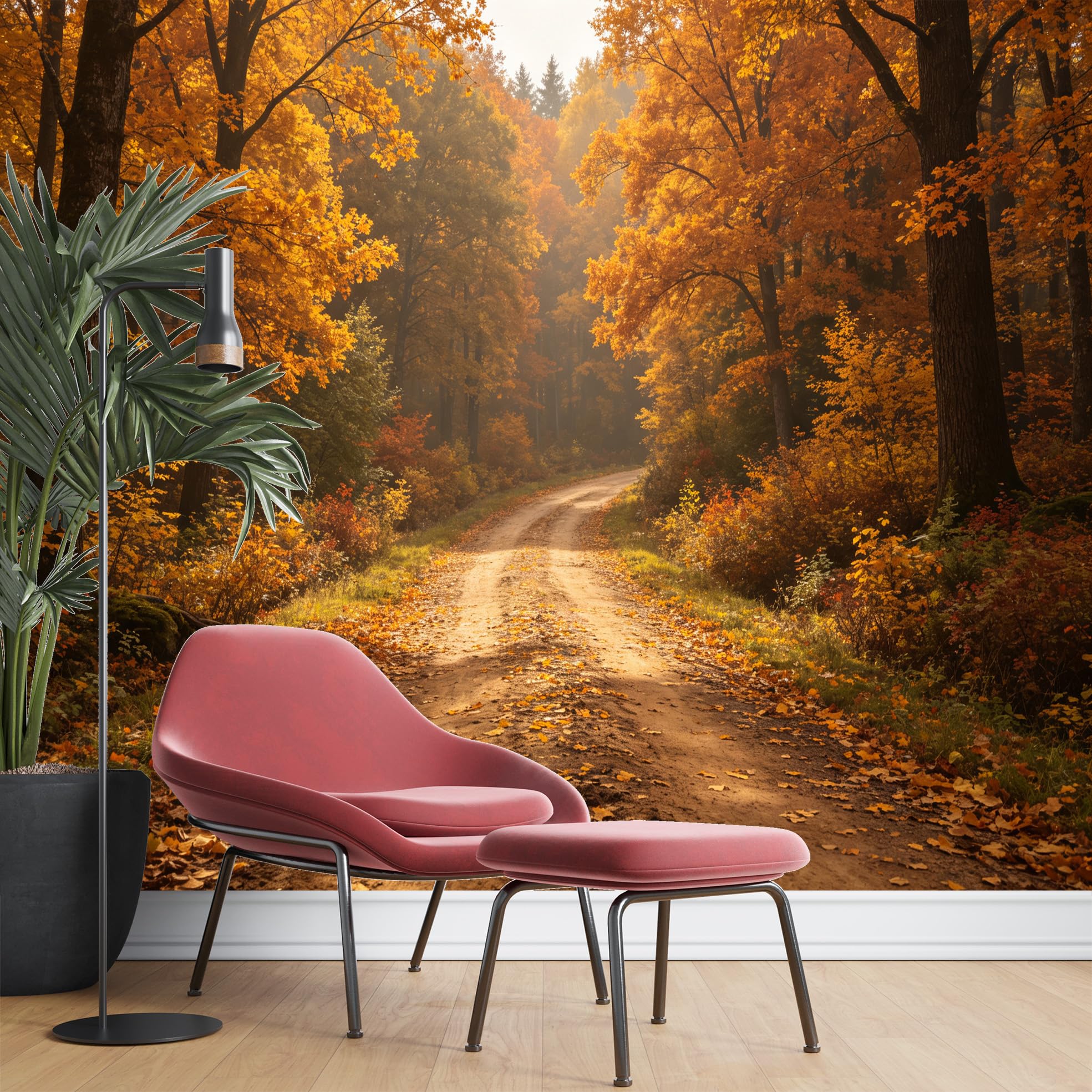 Papier Peint Mural En Soie Forêt D'Automne 315 X 450 cm, Motif Érable Doré, Paysage Forestier Ensoleillé Sur Chemin de Terre, Idéal pour La Décoration Du Salon Et La Chambre.