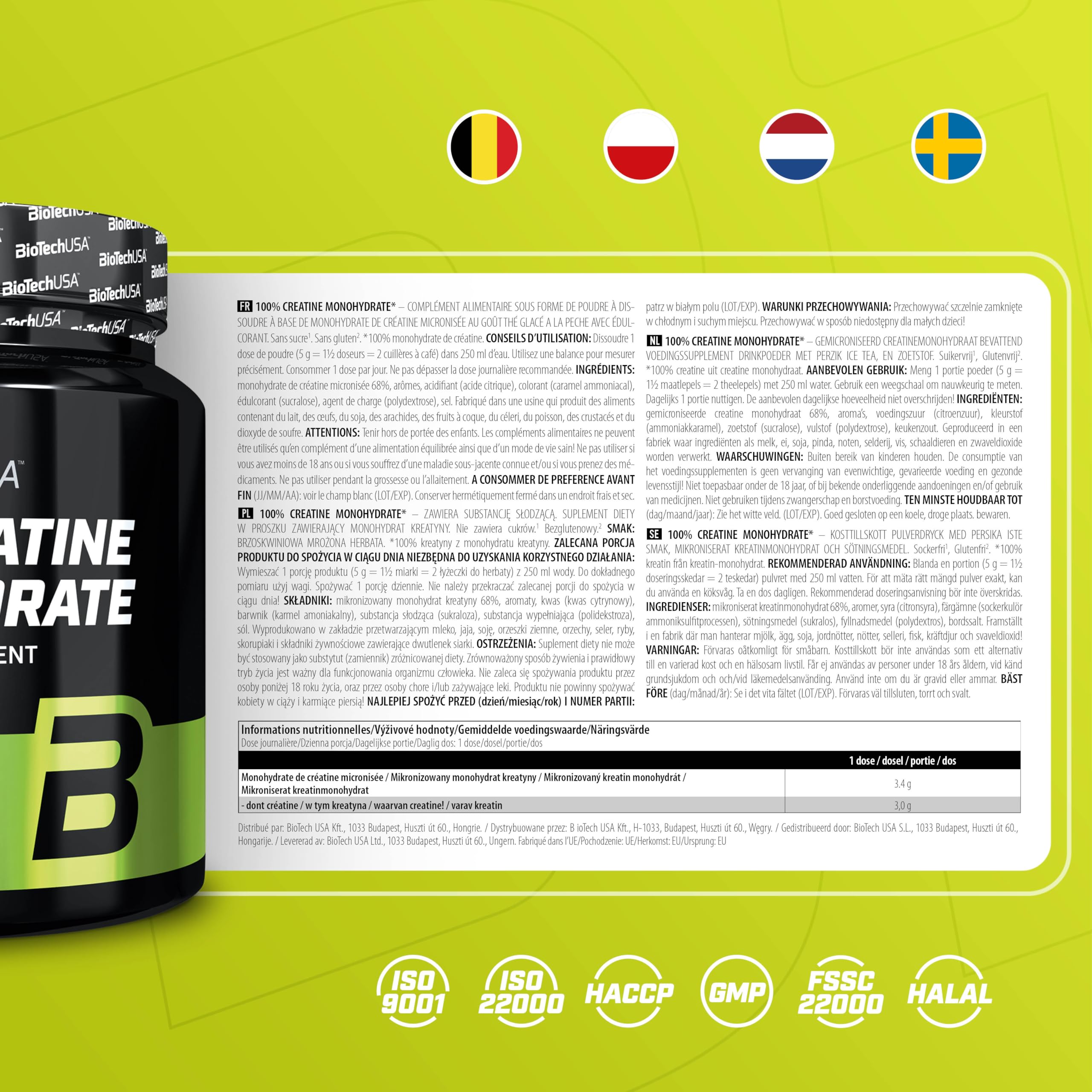 BioTechUSA 100% Creatine Monohydrate | kreatyna farmaceutycznej jakości | mikronizowana | wegańska | bezglutenowa, 300 g, Brzoskwiniowa mrożona herbata