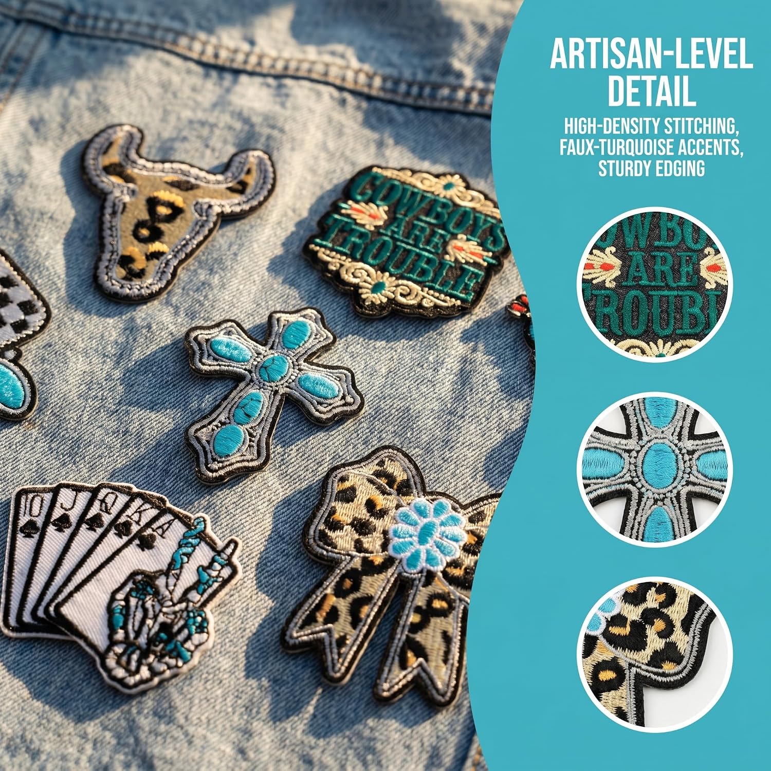 13PCS Western Cowgirl Turquoise Style Embroidery Patches Iron On Bull Skull Cross Playing Cards Dice Applique for Jackets Bags Hats