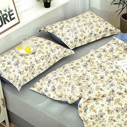 Miniatura 4 de Juego de funda de edredón tamaño individual, 2 piezas de funda de edredón botánica floral azul con lazos de cremallera en las esquinas, juego de
