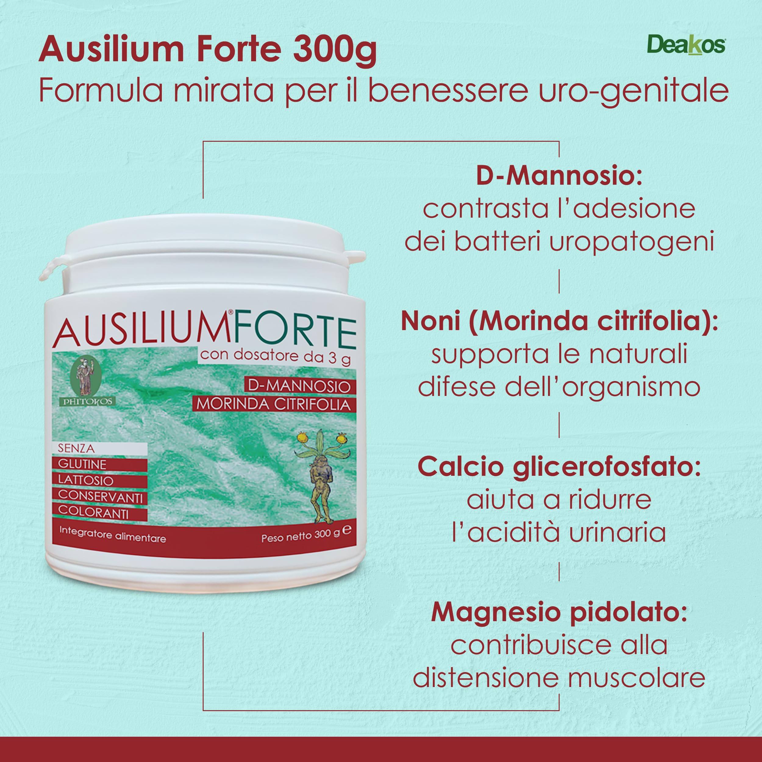 Deakos Ausilium Forte 300g - Integratore Cistite Donna e Benessere delle Vie Urinarie - In Polvere non Aromatizzato - A base di D Mannosio Puro eMorinda Citrifolia - Senza Glutine e Lattosio