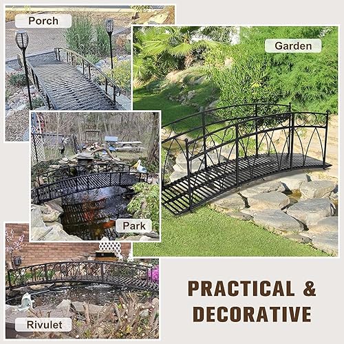 Miniatura 7 de Puente de jardín de metal de 8 pies con carriles laterales con patrones de seguridad, puente de arco de jardín extralargo decorativo para