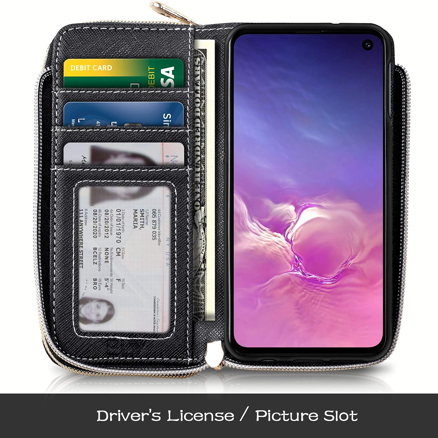 E LV PU Vegan Leather Handcrafted Wallet Purse Case for Galaxy S10E, Flip Folio Case with (Kickstand Function) and (Card Slots) for Galaxy S10E (Zigzag, Samsung S10E)