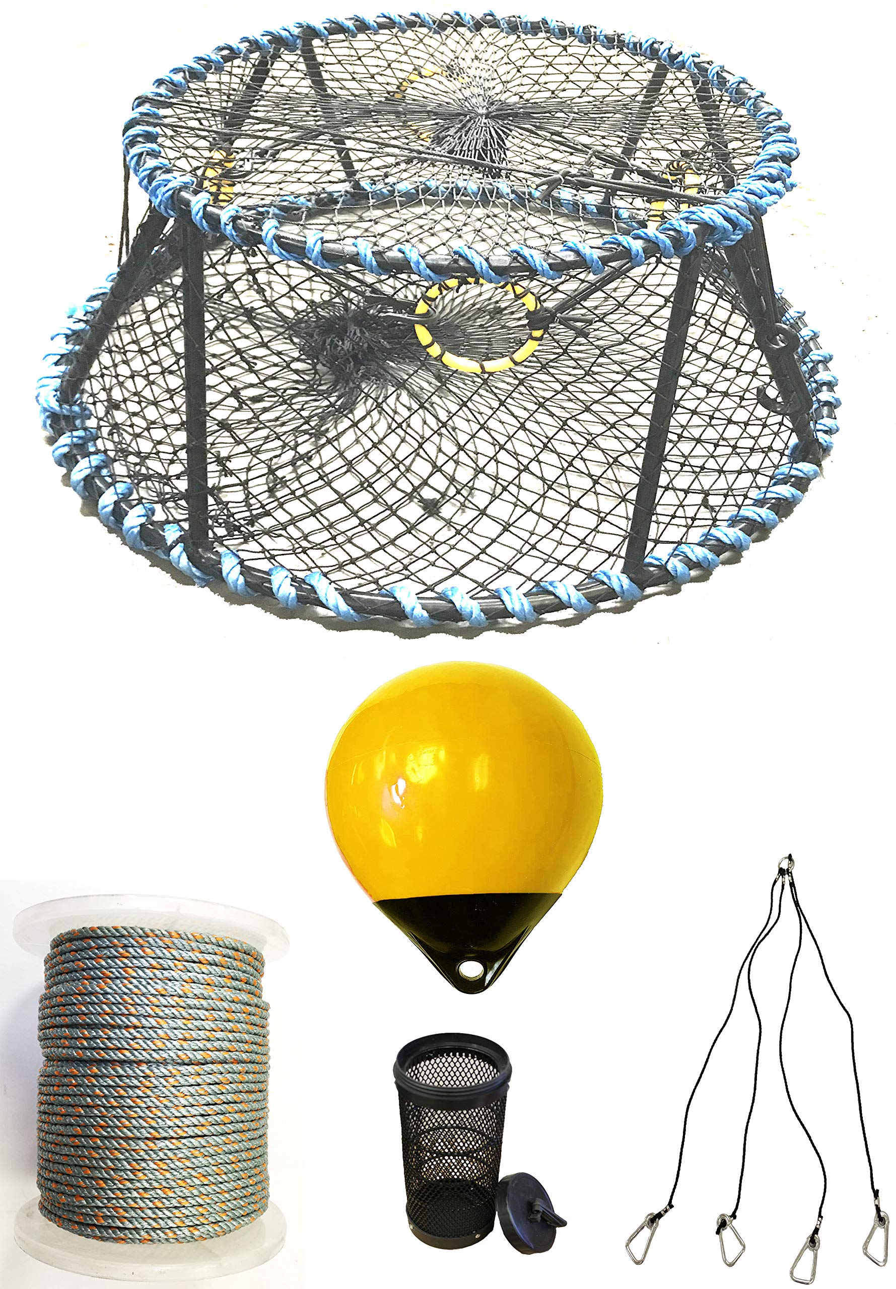 KUFA Sports Vinyl Coated Heavy Duty Tower Style Prawn Trap with 400' Rope, Yellow Float, Vented Bait Jar & Harness Combo (CT130+PAQ309+HA5)