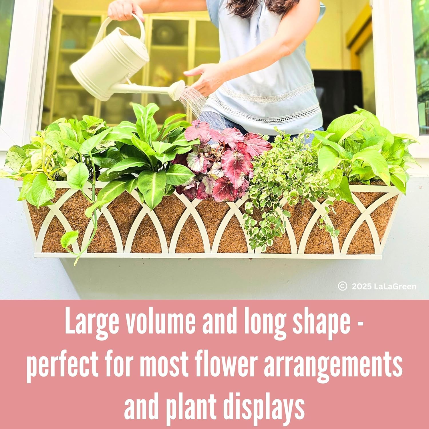 LaLaGreen Bundle- 2 Pack, 24 Inch Metal Basket with Coco Liner + 2 Pack, 24 Inch Coconut Coir Insert Rectangular Window Hanging Wall Mount Flower Pot Fence Deck Patio Porch Modern Garden Balcony Decor