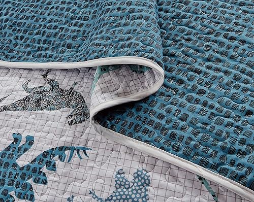 Miniatura 2 de Kids Zone - Juego de colcha acolchada de dinosaurios para niños y adolescentes, azul, azul marino, negro, blanco, reino, nuevo (tamaño