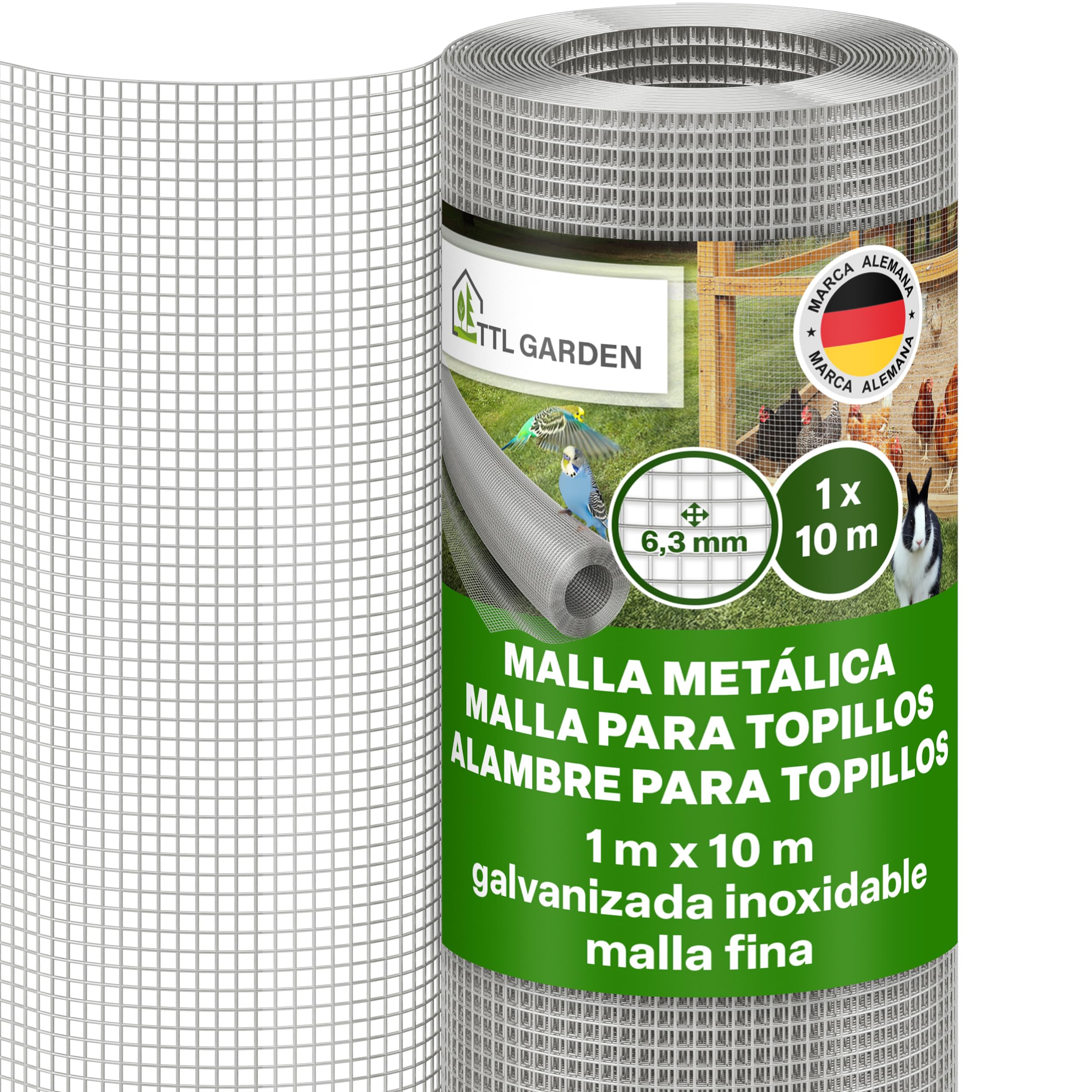 TTL GARDEN 1 m x 10 m, malla fina galvanizada, malla de 6,3 mm, grosor de alambre de 0,55 mm – en rollo de malla de alambre para aviarios, malla para conejos, 10 m x 1 m de ancho, ancho de malla de