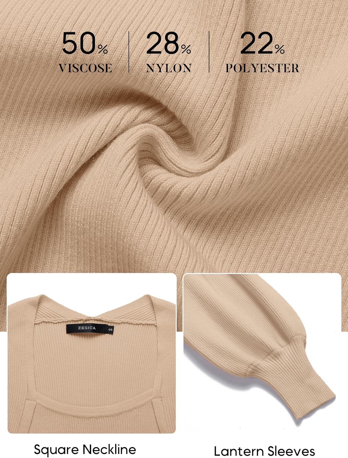 ZESICA Women's 2026 Square Neck Ribbed Knit Dress Puff Long Sleeve Slim Fit Bodycon Fall Winter Pullover Sweater Dress - Image 5