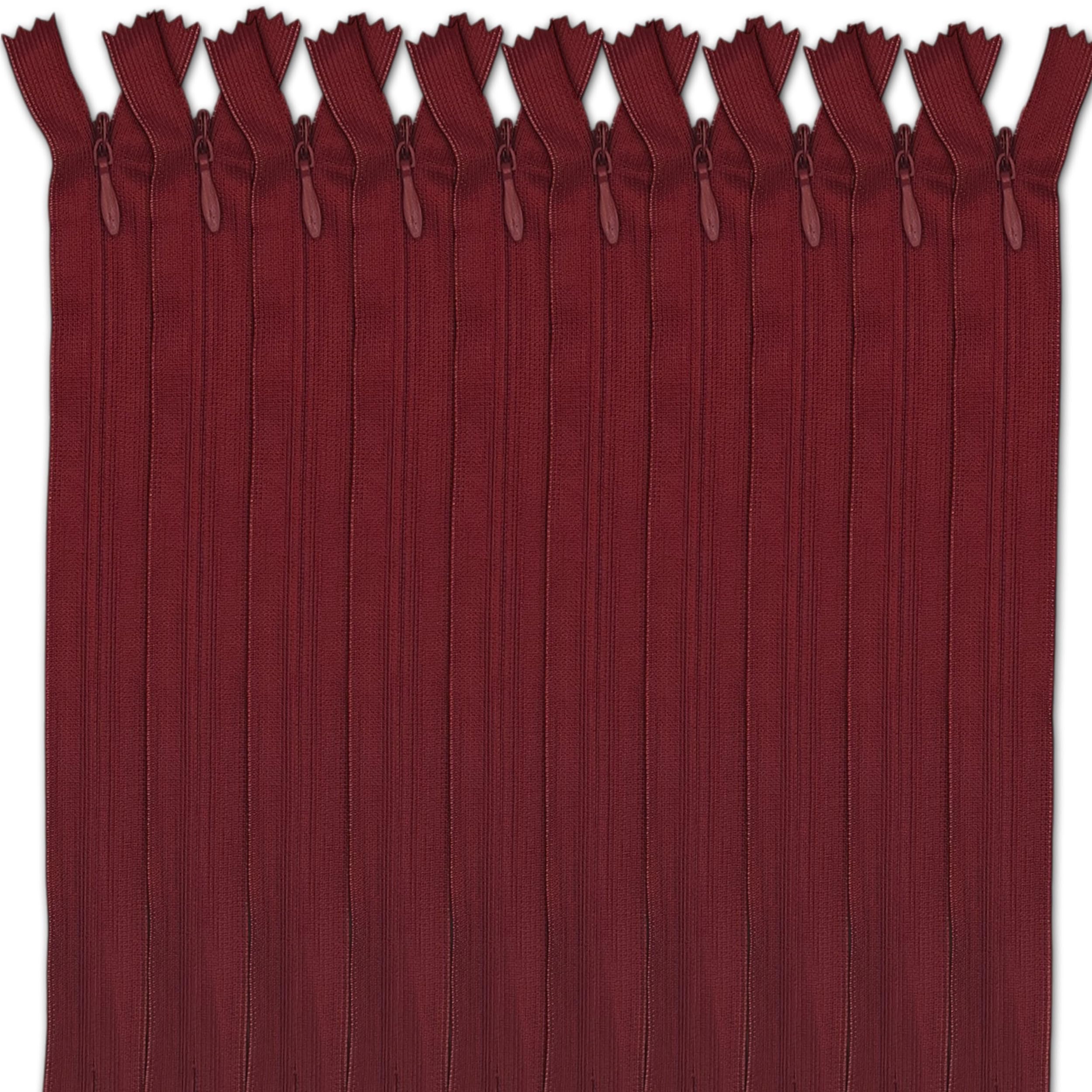 Set of 10 Invisible Zips 18” Burgundy | Closed-End Coil Zip 45cm Long with Single Slider Size #3 | Hidden Nylon Zip for Skirts, Dresses, Trousers DIY Repair, Tailoring | Replacement Zipper