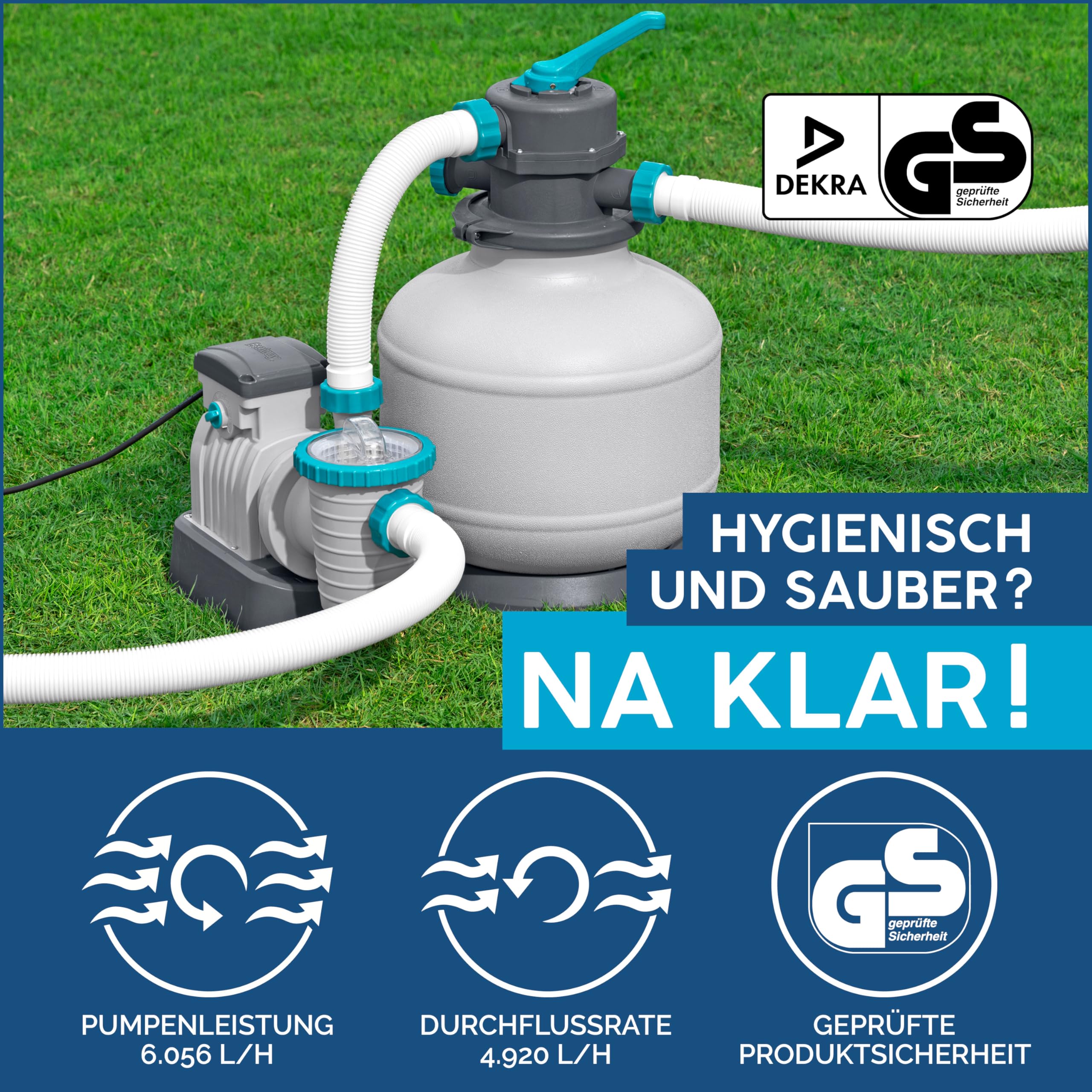 Bestway Sandfilteranlage mit Zeitschaltuhr, 6.056 l/h, 230 W, GS-Zertifizierung, 6-Wege-Ventil, Ø38-mm-Anschluss, korrosionsbeständiger Tank, Manometer, für Pools 1.100-39.300 L