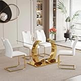 Ebullient 63'' Glass Dining Table Set for 4, Table and Chairs Set of 4 with Gold Metal Base, 5 Piece Dining Table Set for Modern Dining Room Decorate, Dining Room Table Set for 4