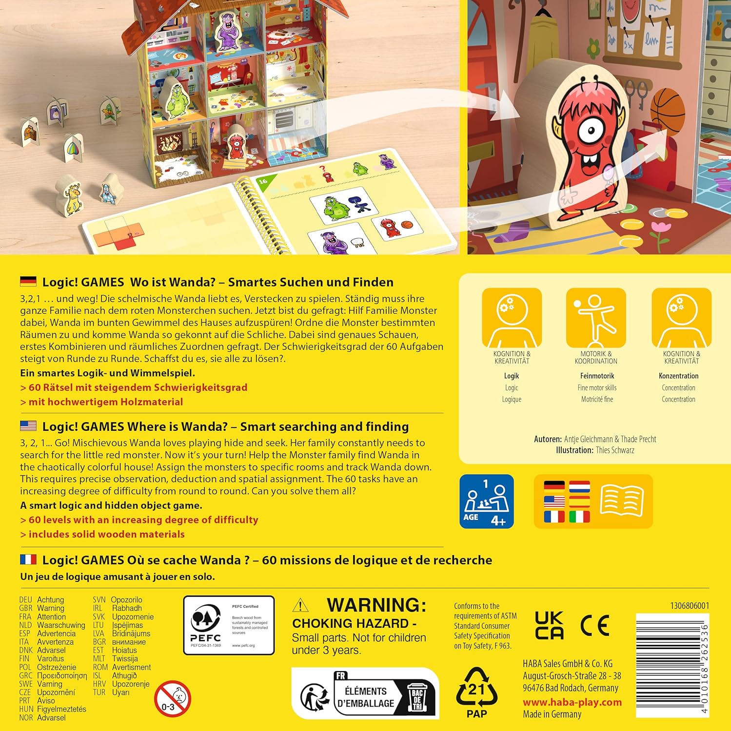HABA Logic! Games - Where is Wanda? - Puzzle Game for Children from 4 Years - 60 Tasks & 3D Monster House - Promotes Logic & Concentration, Solo Puzzle Game - 1306806001