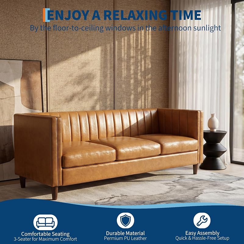 homfan 81” Tan Faux Leather Couch for Living Room image 5