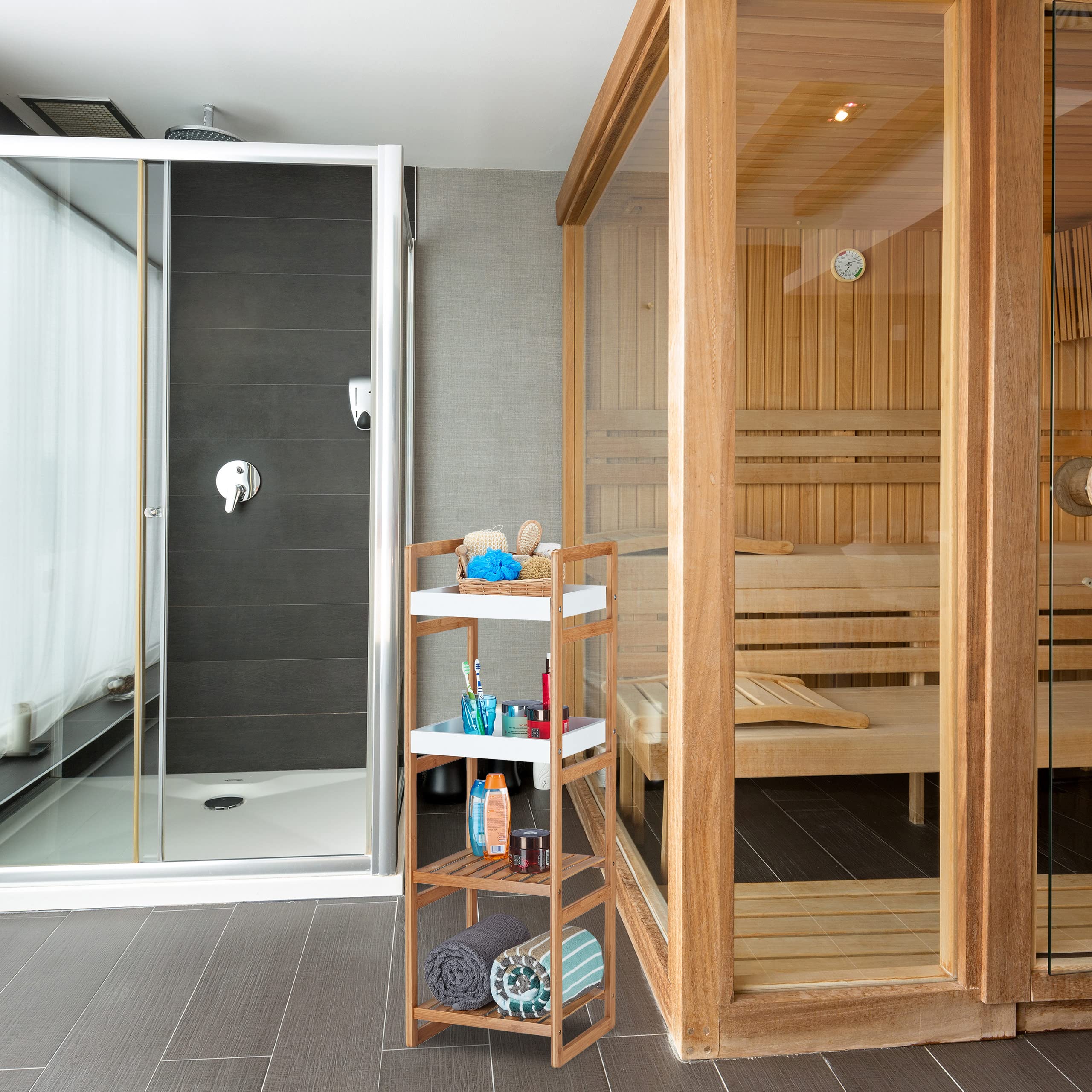 Relaxdays Scaffale Bagno, 4 Mensole, Design Aperto in bambù, Libreria, Cucina, HLP: 110x36x33 cm, Aspetto Legno/Bianco