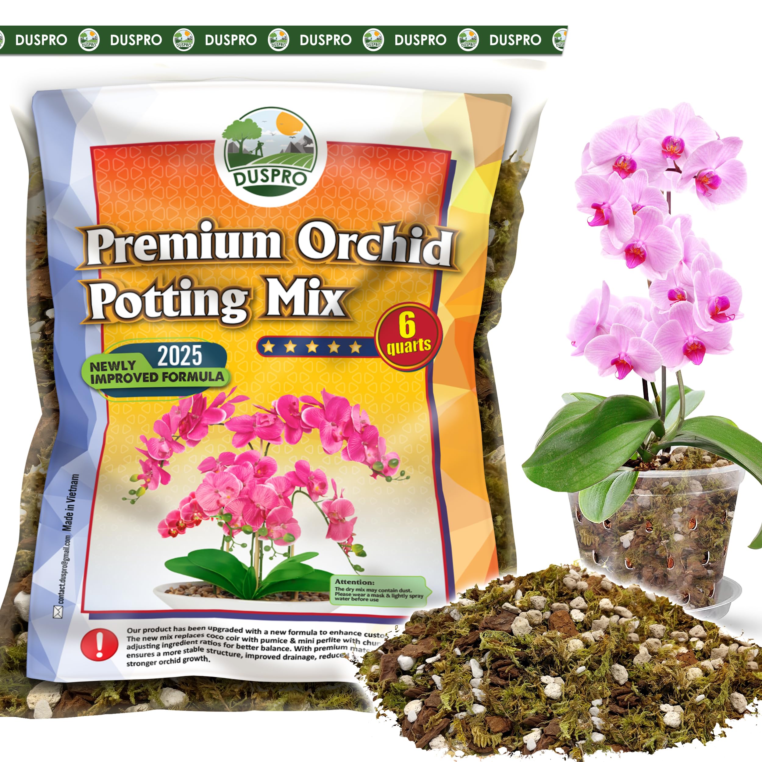 [Upgraded] DUSPRO Orchid Potting Mix for Repotting with Forest Moss, Pine Bark, Perlite & Pumice Natural Ingredients, Orchid Bark Potting Mix, Orchid Repotting Kit Drainage Indoor Potting Medium 6QT