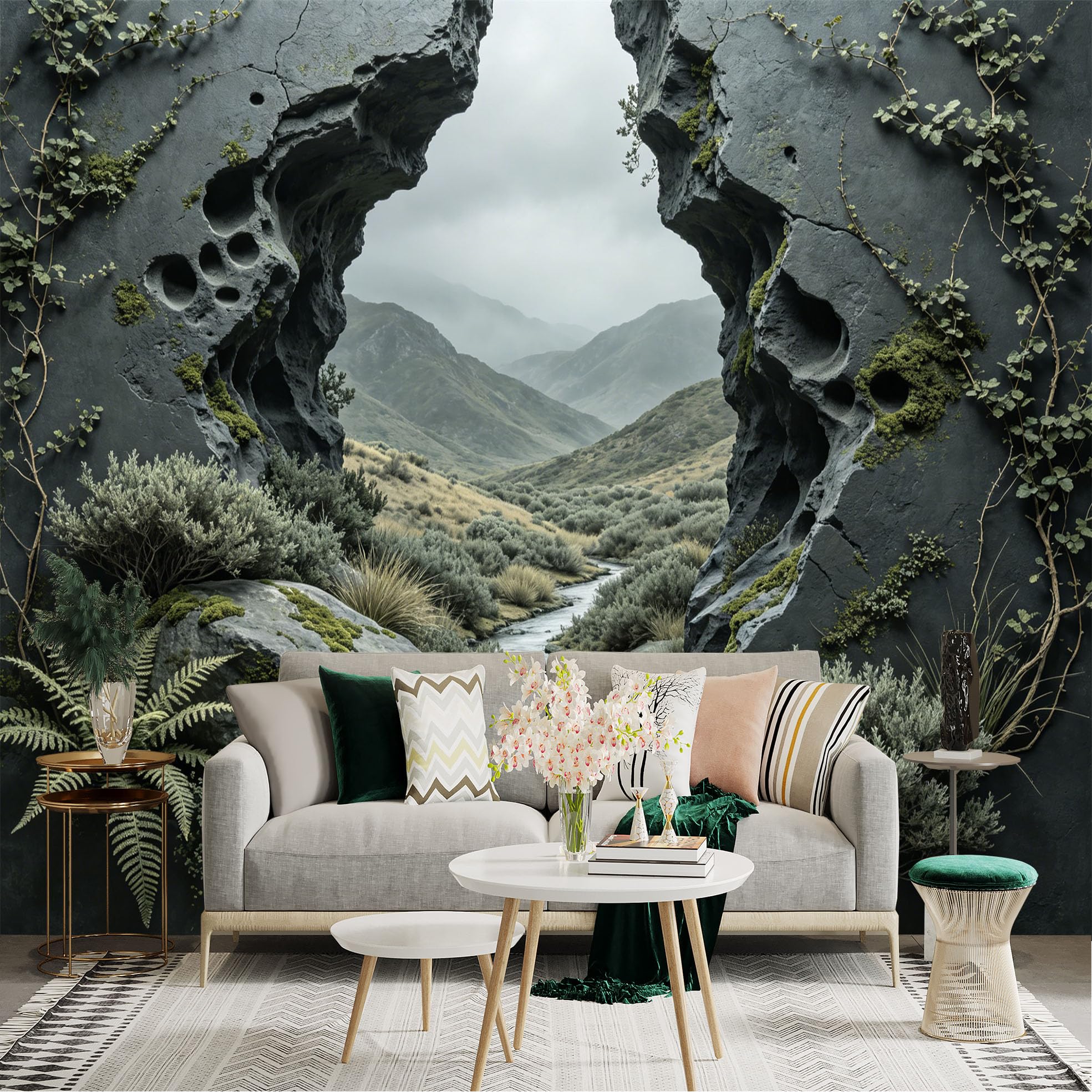 Custom Size Wall Sticker Mural， Mountain Valley with River， Mossy Rocks and Green Plants， for wall Decoration， peelandstick wall Decals.