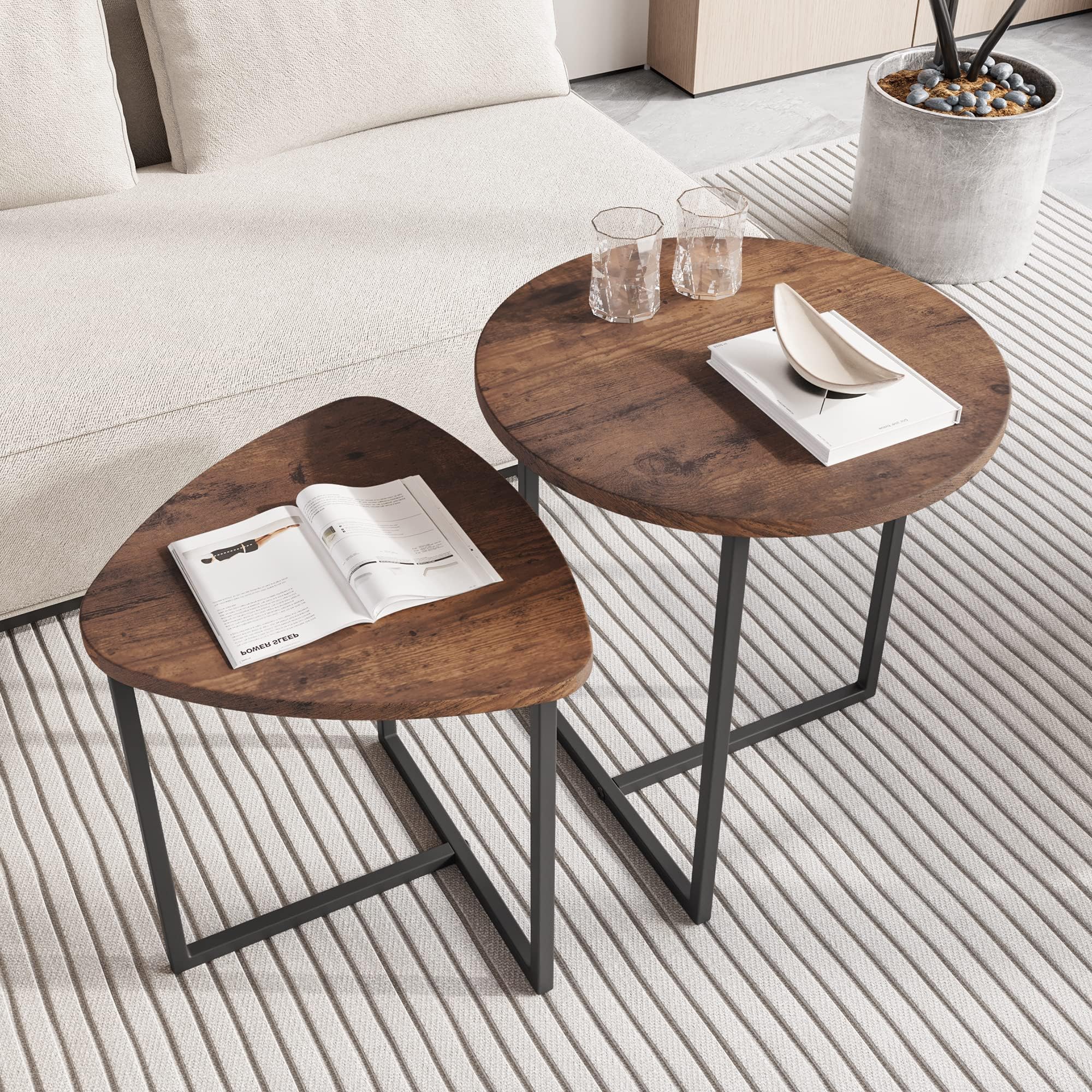 HOJINLINERO Round Coffee Table Set of 2 End Tables for Living Room,Black Small Coffee Table Living Room Table,Metal Frame & Wood,Sturdy and Easy Assembly,Stacking Side Tables Bedroom,Brown
