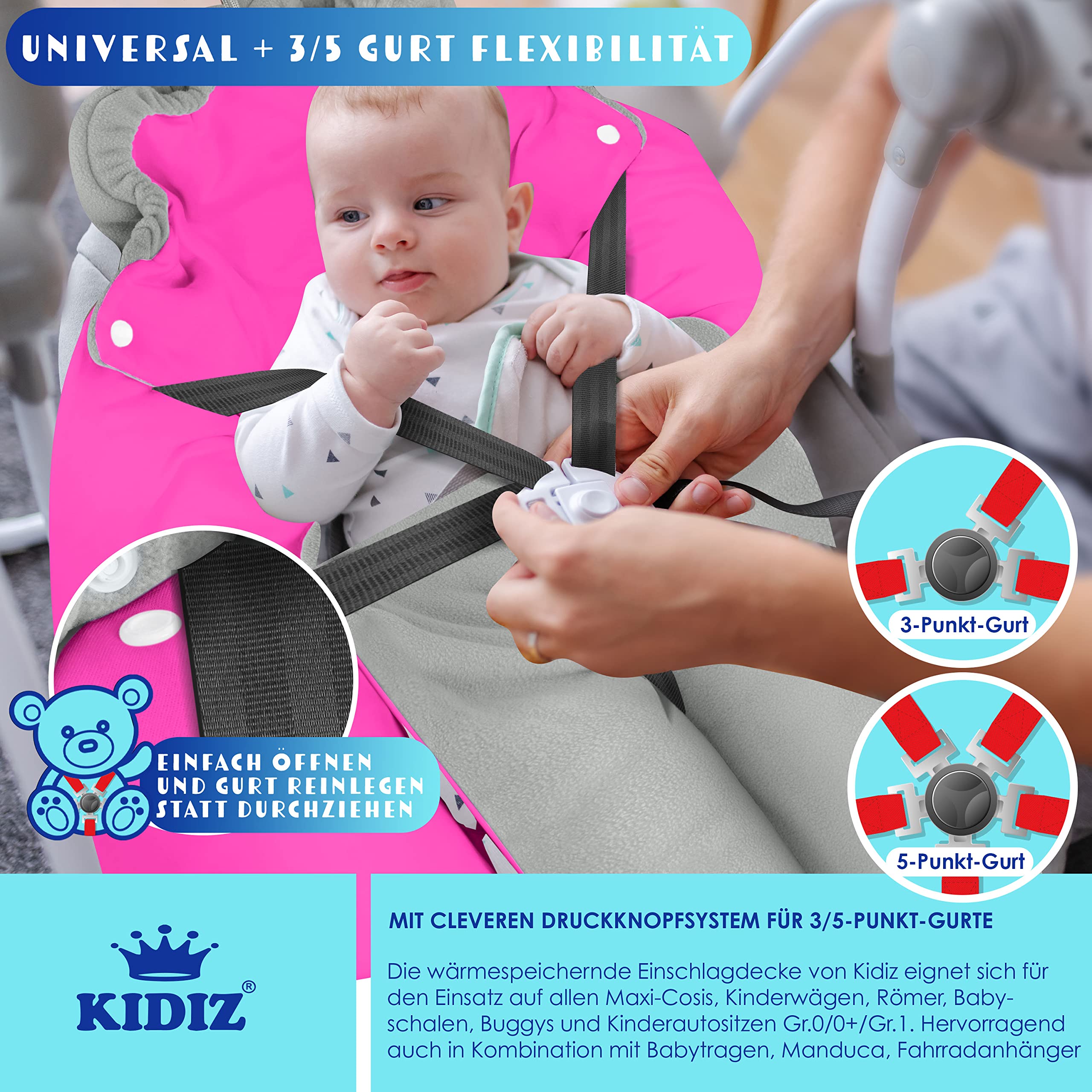 KIDIZ® Baby Einschlagdecke Babyschale Winter Herbst Babydecke mit Tasche Universal Fußsack kompatibel mit Maxi-Cosi, Römer, Buggy, Kinderwagen & Autositz isolierend gegen Wind, Nässe & Kälte