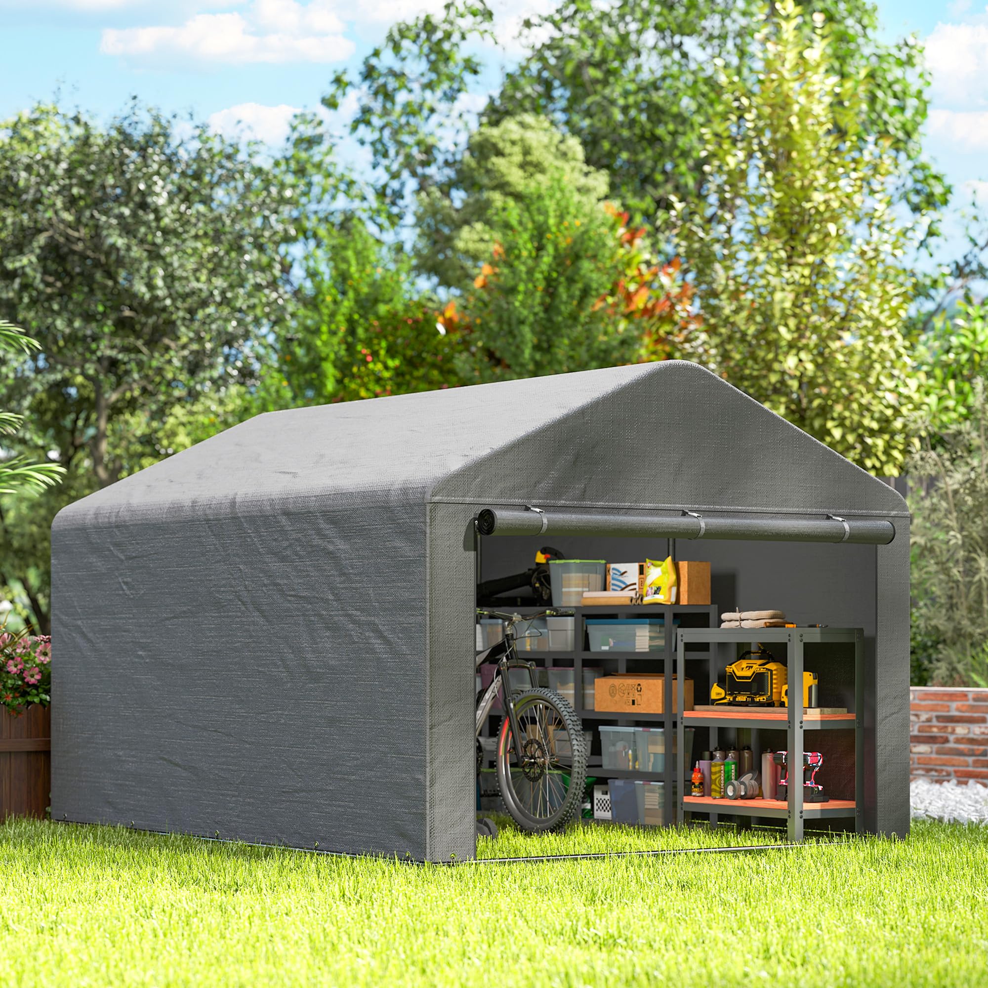Outsunny 2x2.4 m Garage Moto per Esterno, Tenda Garage con Copertura Impermeabile, Porta Avvolgibile a Cerniera, per Biciclette e Attrezzi in Acciaio Zincato, da Giardino, Grigio Chiaro