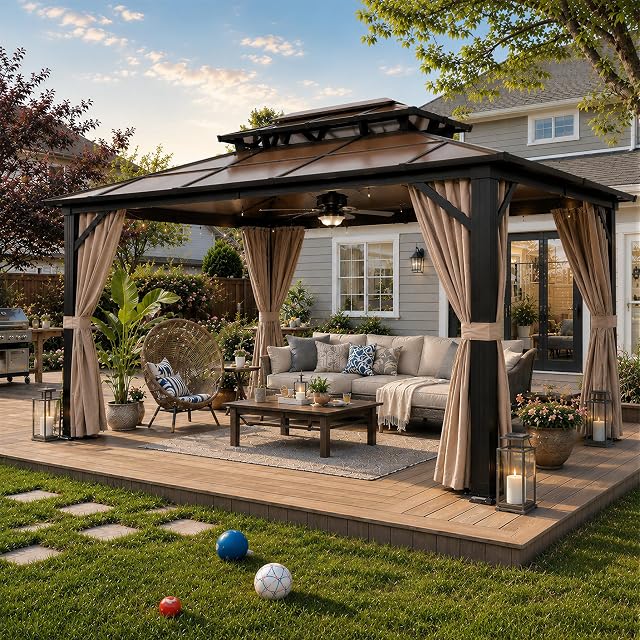 10'x13' Hardtop Gazebo, Outdoor Polycarbonate Double Roof Canopy, Aluminum Frame Permanent Pavilion with Curtains and Netting, Sunshade for Garden, Lawns, Patio
