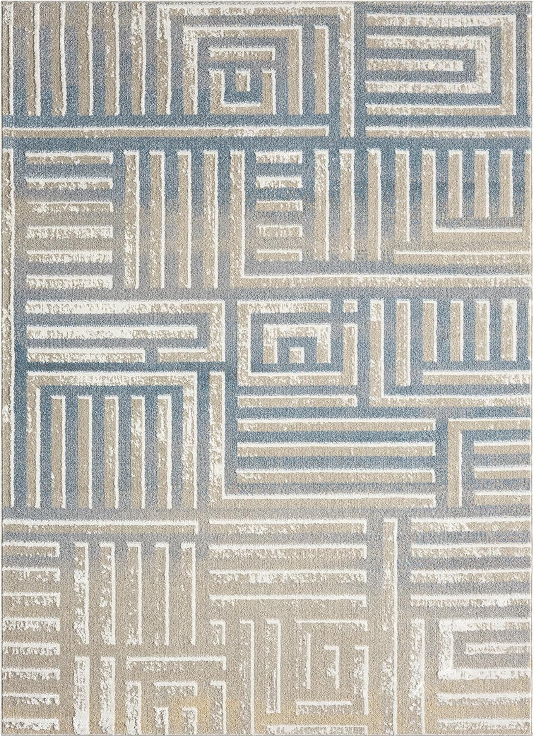 LR Home 2 x 3 Machine Washable Indoor Area Rug for Home Decor | Contemporary Geometric Carpet for Living Room Decor | Modern Transitional Rug Suitable for Bedroom, Living Room, Office | Beige/Blue