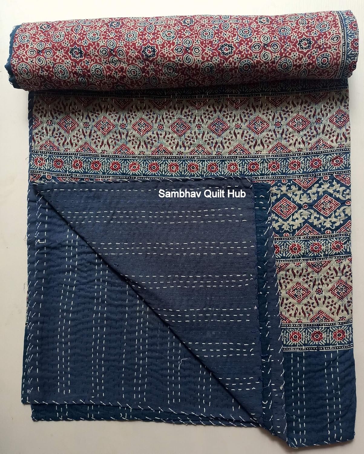 Red Blue Ajrakh Hippie Queen Kantha Quilt Handmade Bohemain Bedspread King Size Vegetable Dye Kantha Blanket Bedcover Boho Quilting Indigo Print Ajrakh Cotton Kantha Quilt 90X108 inch