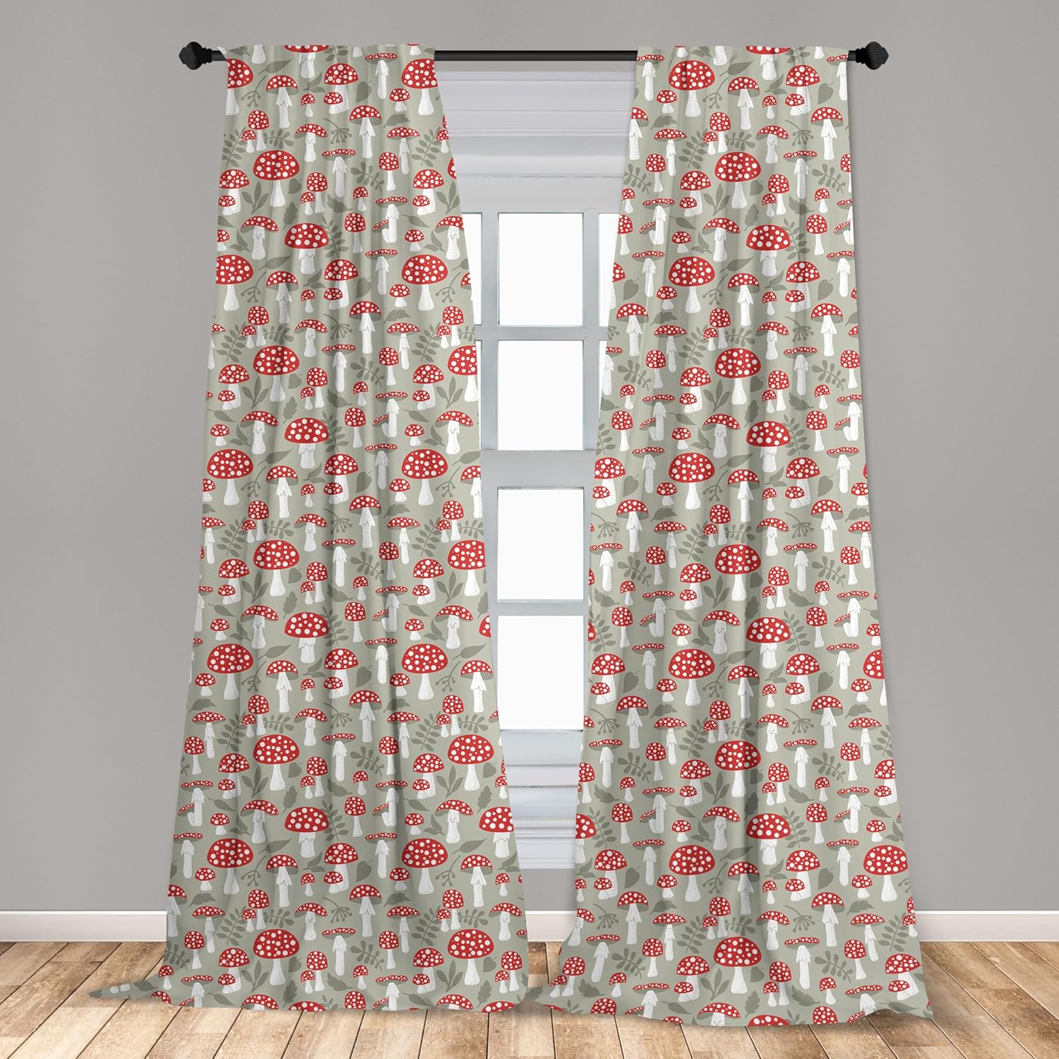 Ambesonne Cartoon Window Curtains, Poisonous Amanita Mushroom Pattern with Foliage and Berry Silhouettes, Lightweight Decor 2-Panel Set with Rod Pocket, Pair of - 28" x 95", Pale Sage Green White