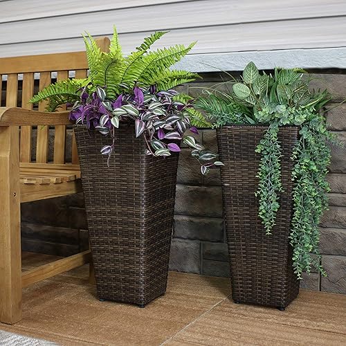 Miniatura 7 de Sunnydaze Maceta cuadrada alta de poliratán, de 24 pulgadas de alto, juego de 2 recipientes decorativos modernos, color marrón, perfecta para patio,