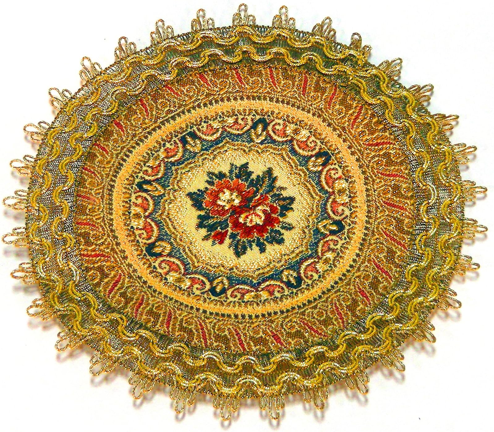 Swiss Woven Brocade 8 Inch Round Doily with Decorative Fabrics and Artfully Embroidered with Lavish Floral and Gold Borders
