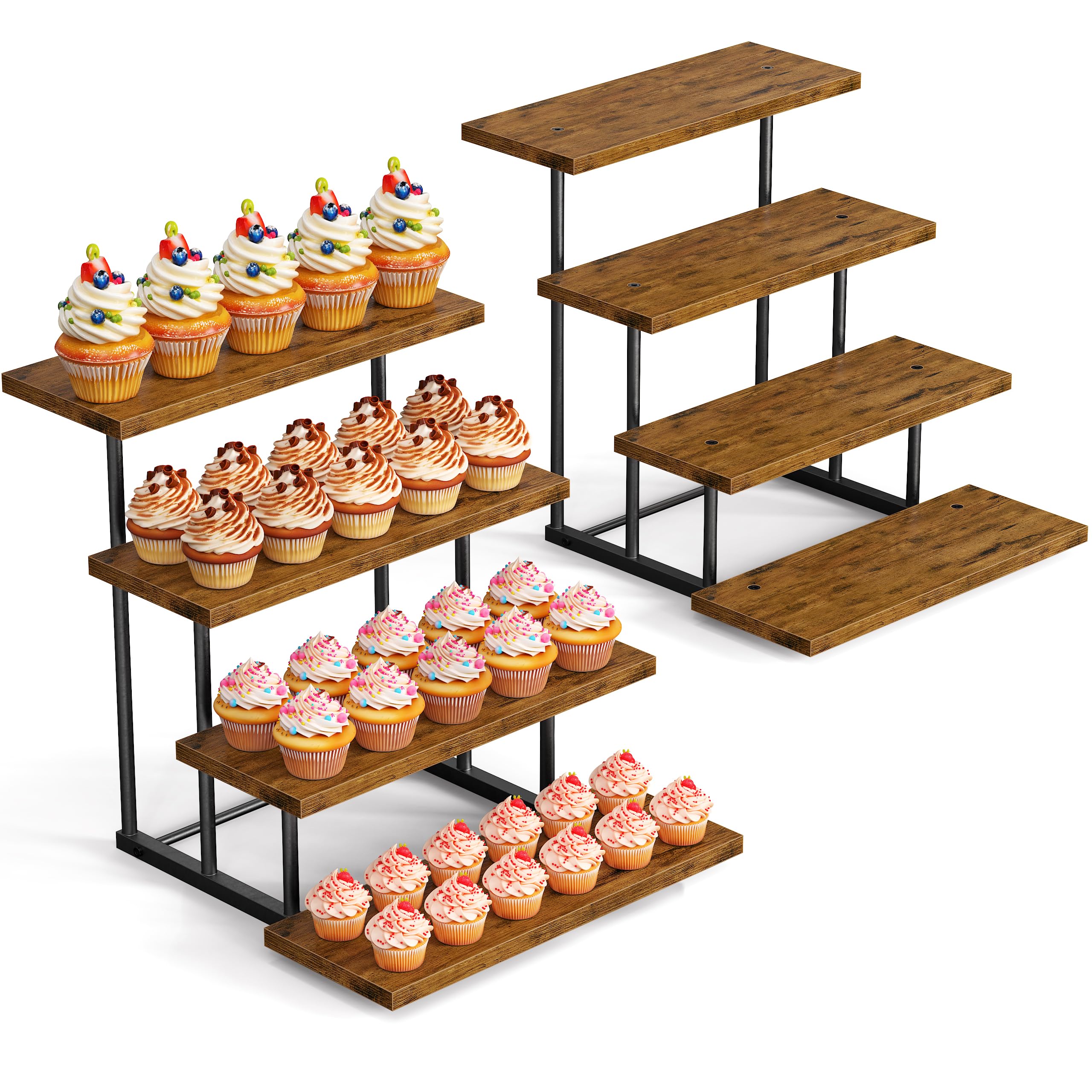 Emfogoo 2 Pack Wooden Cupcake Display Stand, 4 Tier Rectangular Tiered Dessert Stands, Dessert Table Display Set for Vendor Booth Party Large Cup Cake Tower for Cup Cake Cookie Food