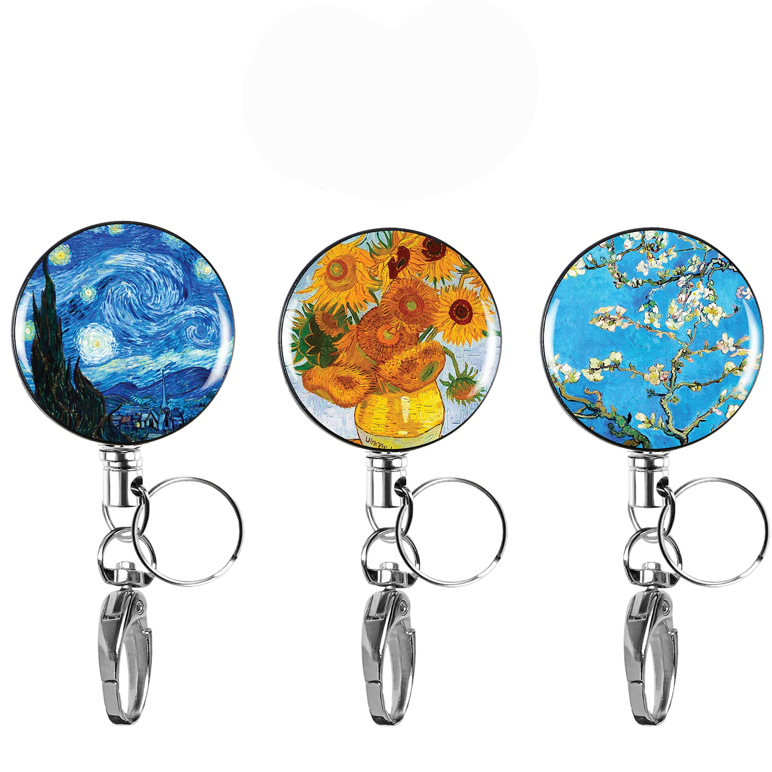 3-PK Decorative Retractable Badge Reel with Waterproof ID Holders & Key Rings. Steel Wire, Belt Clip & Metal Badge Clip. Great for Lanyards, Nurses, Teachers, Men & Women. Van Gogh Collection