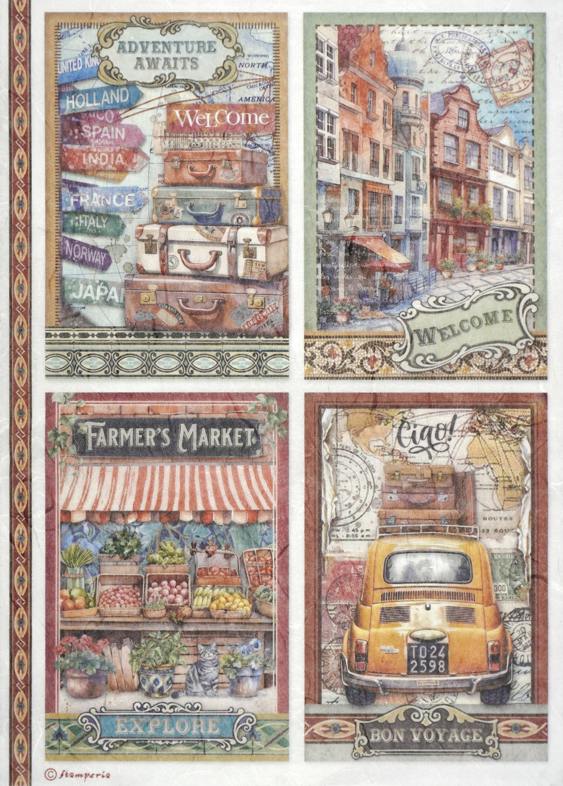 Stamperia A4 Rice Paper for Decoupage - "Art of Travelling 4 Cards" - Vintage Adventure Design