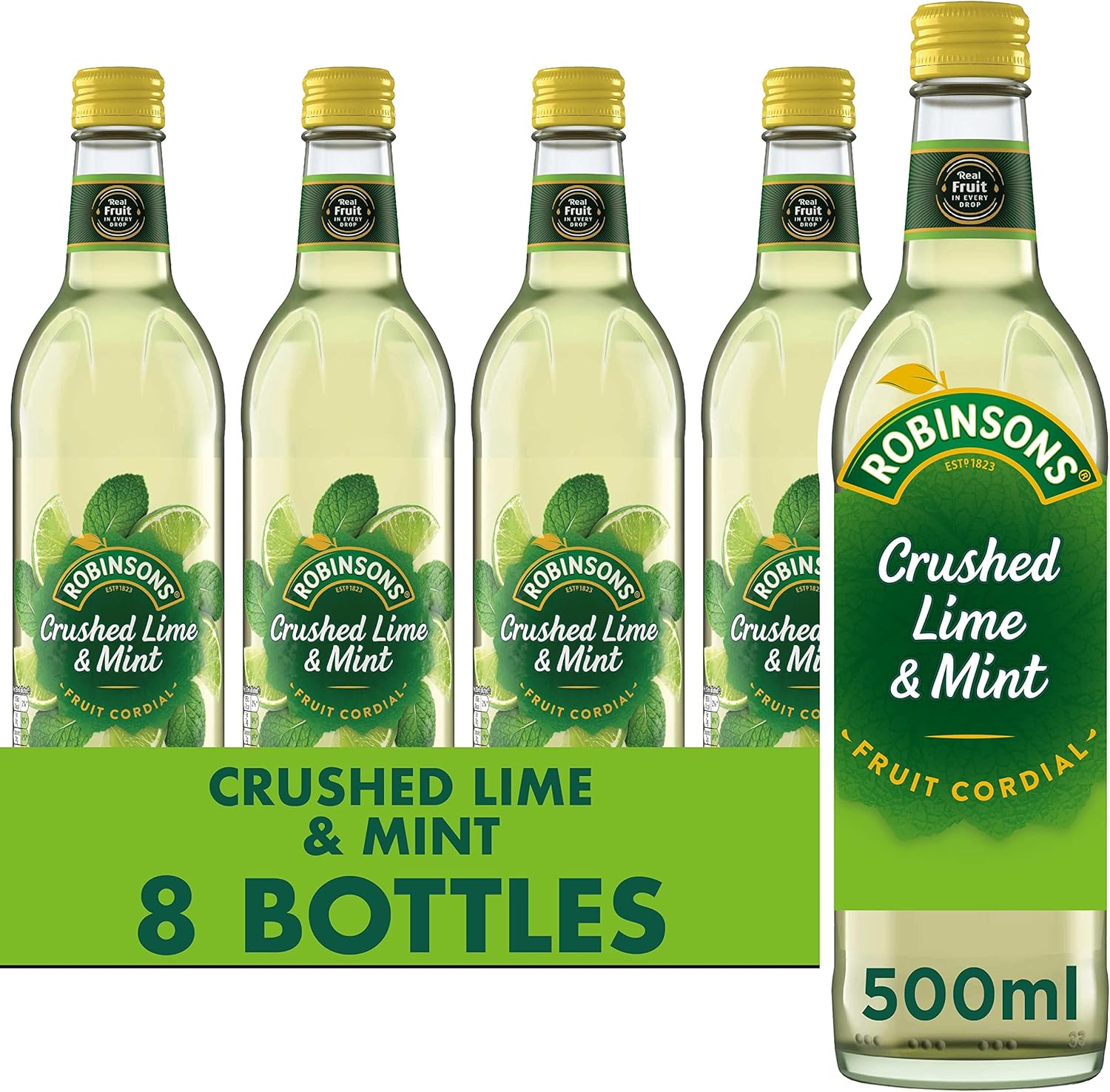 Robinsons Fruit Cordial, Mint, Crushed Lime Mint, 500ml pack of 8