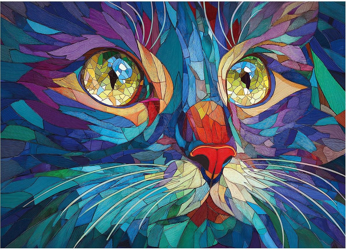Rocorose Stained Glass Cat Jigsaw Puzzle for Adults, 1000 Pieces Pretty Kitten Art Puzzles Challenging Cute Colorful Animal Puzzle for Game Nights Home Decor
