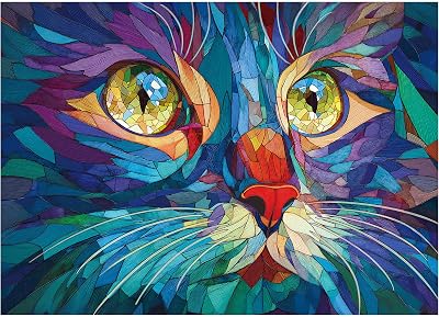 Rocorose Stained Glass Cat Jigsaw Puzzle for Adults, 1000 Pieces Pretty Kitten Art Puzzles Challenging Cute Colorful Animal Puzzle for Game Nights Home Decor