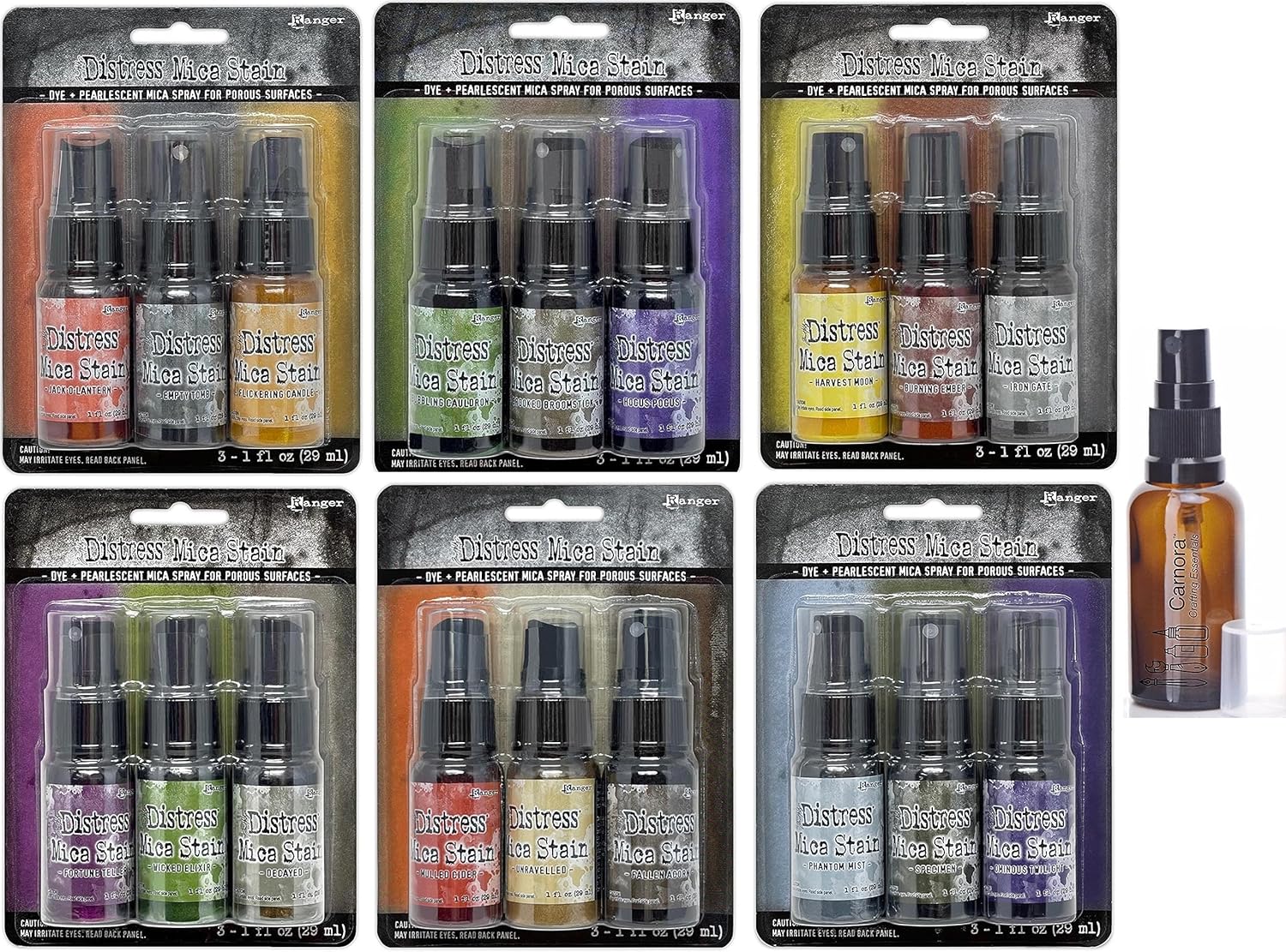 Tim Holtz Ranger Distress Mica Stain Sprays Halloween 2021, 2022, 2023 Limited Edition Sprays - Set #1, Set #2, Set #3, Set #4, Set #5, Set #6 18 Colors in 1-Ounce Bottles, Carnora Amber Spray Bottle