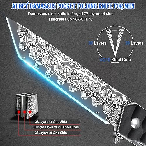 Miniatura 2 de AUBEY Navaja de bolsillo de Damasco con clip, tanto Blade Damasco cuchillos plegables de acero para hombres, táctico, mango de aluminio con rompedor