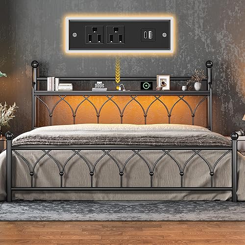 EnHomee King Bed Frame with Headboard, Metal King Size Bed Frame with LED Lights and Power Outlets, Heavy Duty Steel Slats Support with Storage, Sturdy & Noise-Free, No Box Spring Needed, Black