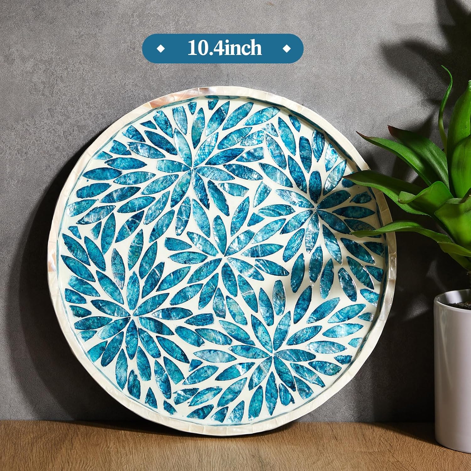 Chunful Mother of Pearl Round Serving Tray Wood Coffee Table Tray 10.4 Inch for Tea Breakfast Kitchen Cabinet(Leaf Style) - Image 2