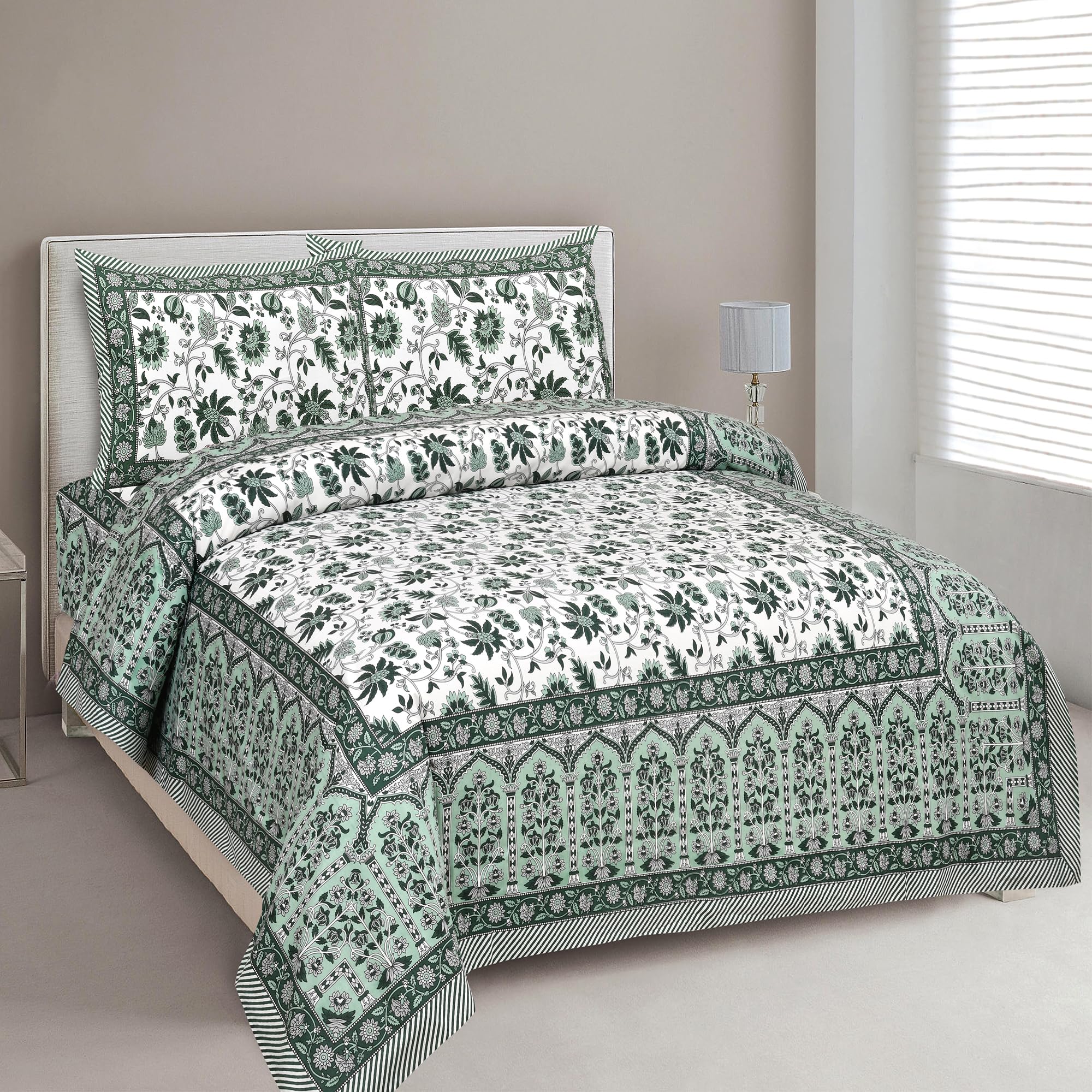 Monique 100% Cotton 180 TC bedsheet King Size Bed Cotton King Size Jaipuri Printed Bedsheets with 2 Pillow Covers for Double Bed| 89 x 106 inches (226 x 269 cms) (B0CSXJ33MQ) Amazon Price History, Amazon Price Tracker